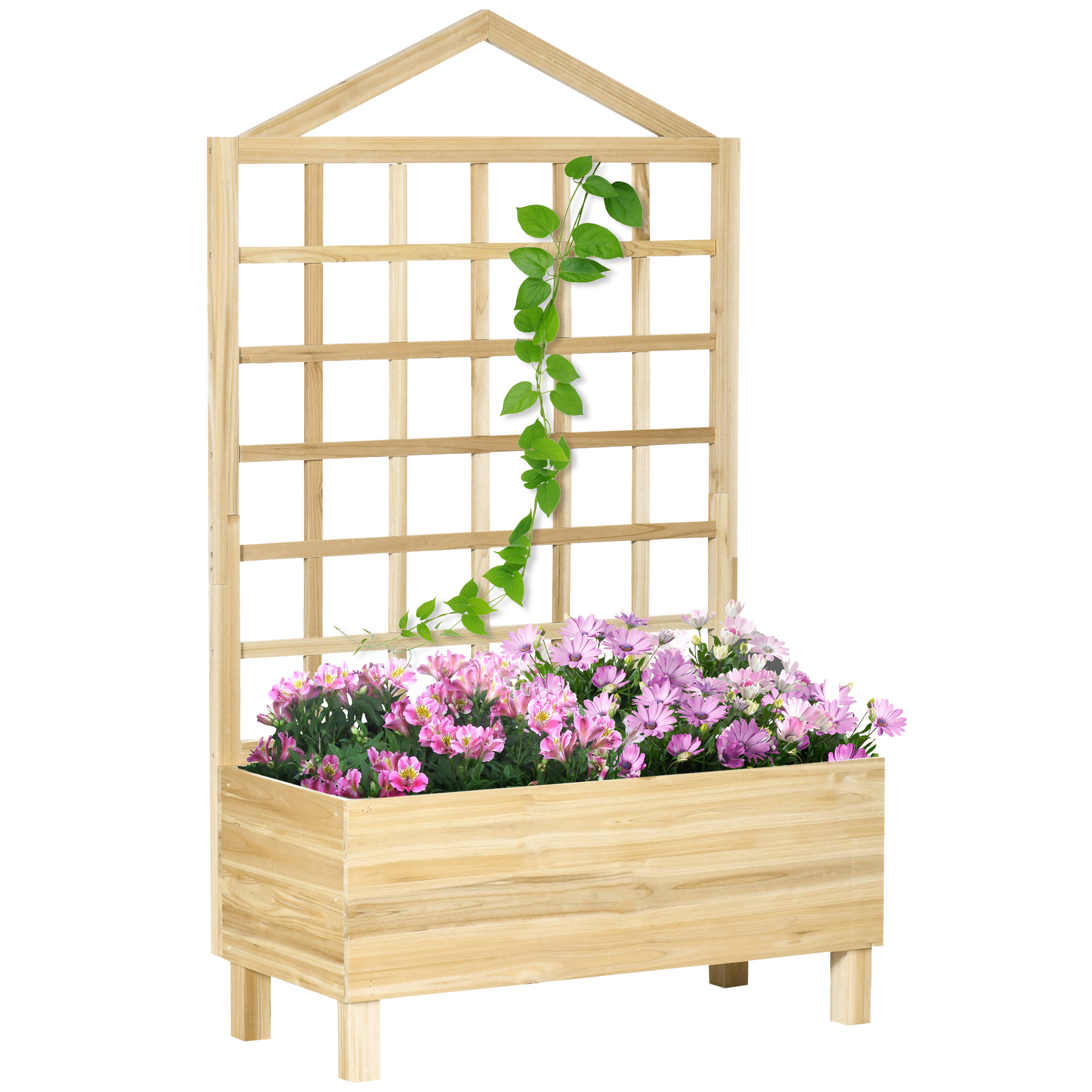 Garden Planters with Trellis for Vine Climbing, Distressed Wooden Raised Beds, 90x43x150cm, Natural Tone - Life Essentials