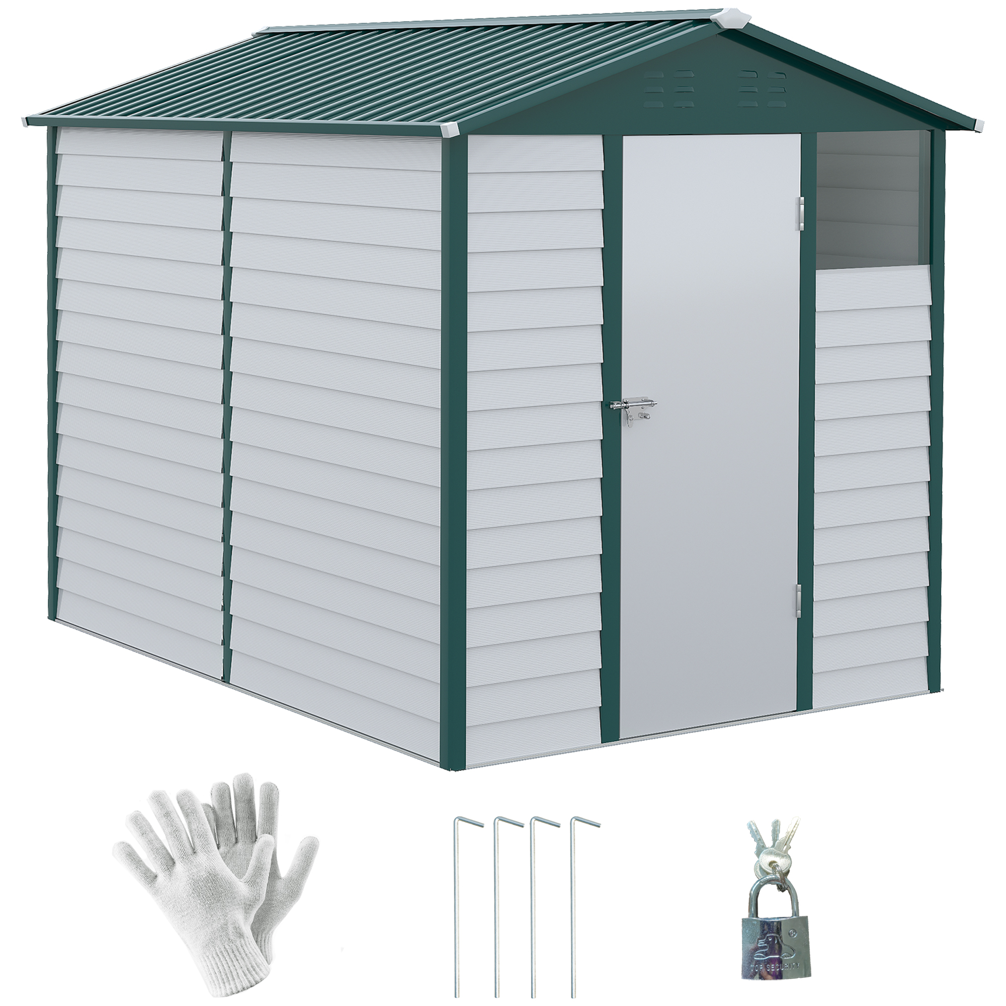 9FT x 6FT Galvanized Metal Garden Shed, Outdoor Storage Shed with Sloped Roof, Lockable Door, Tool Storage Shed for Backyard, Patio, White - Life 