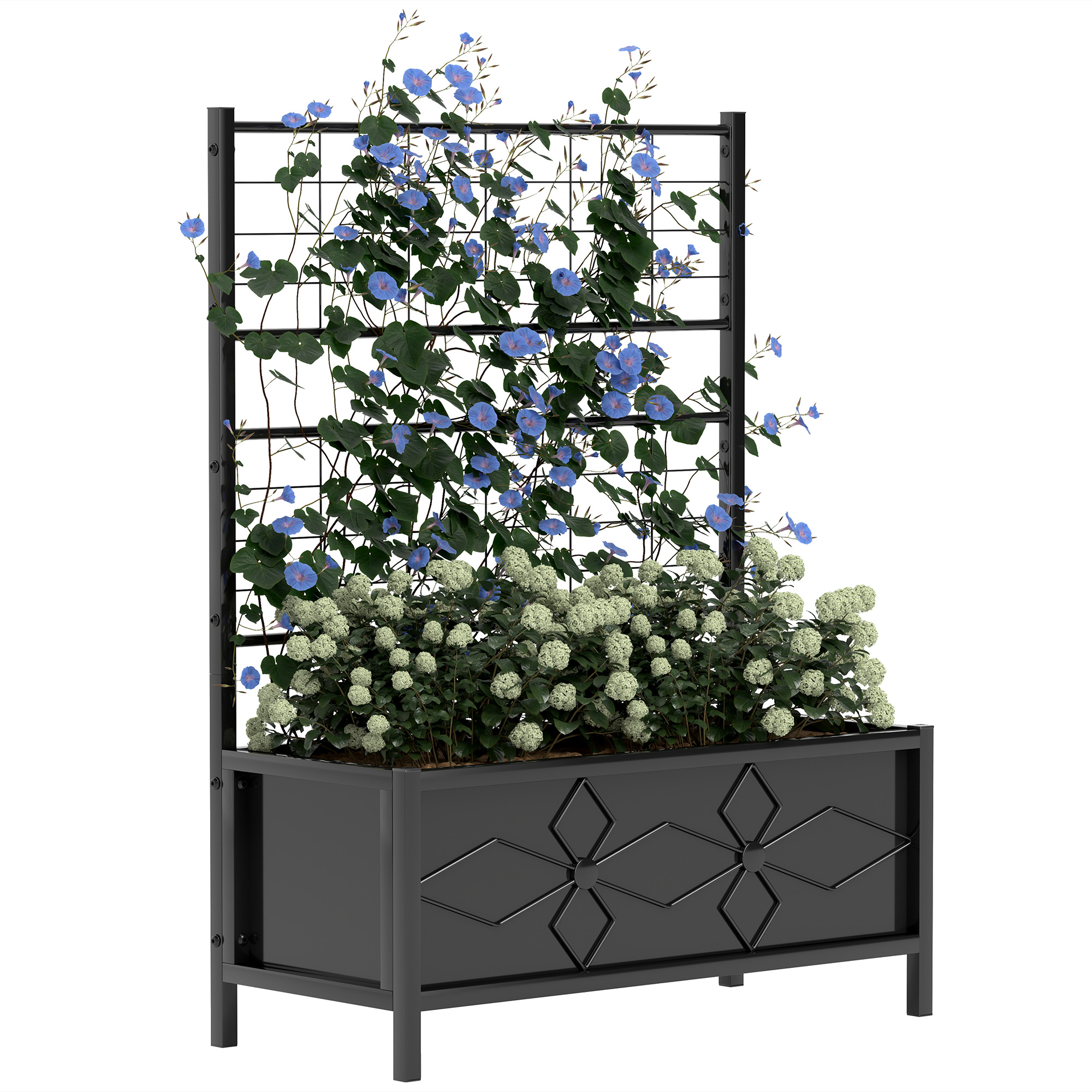 OLMAR Raised Garden Bed Galvanised Steel Planter Box with Trellis - Black - Life Essentials