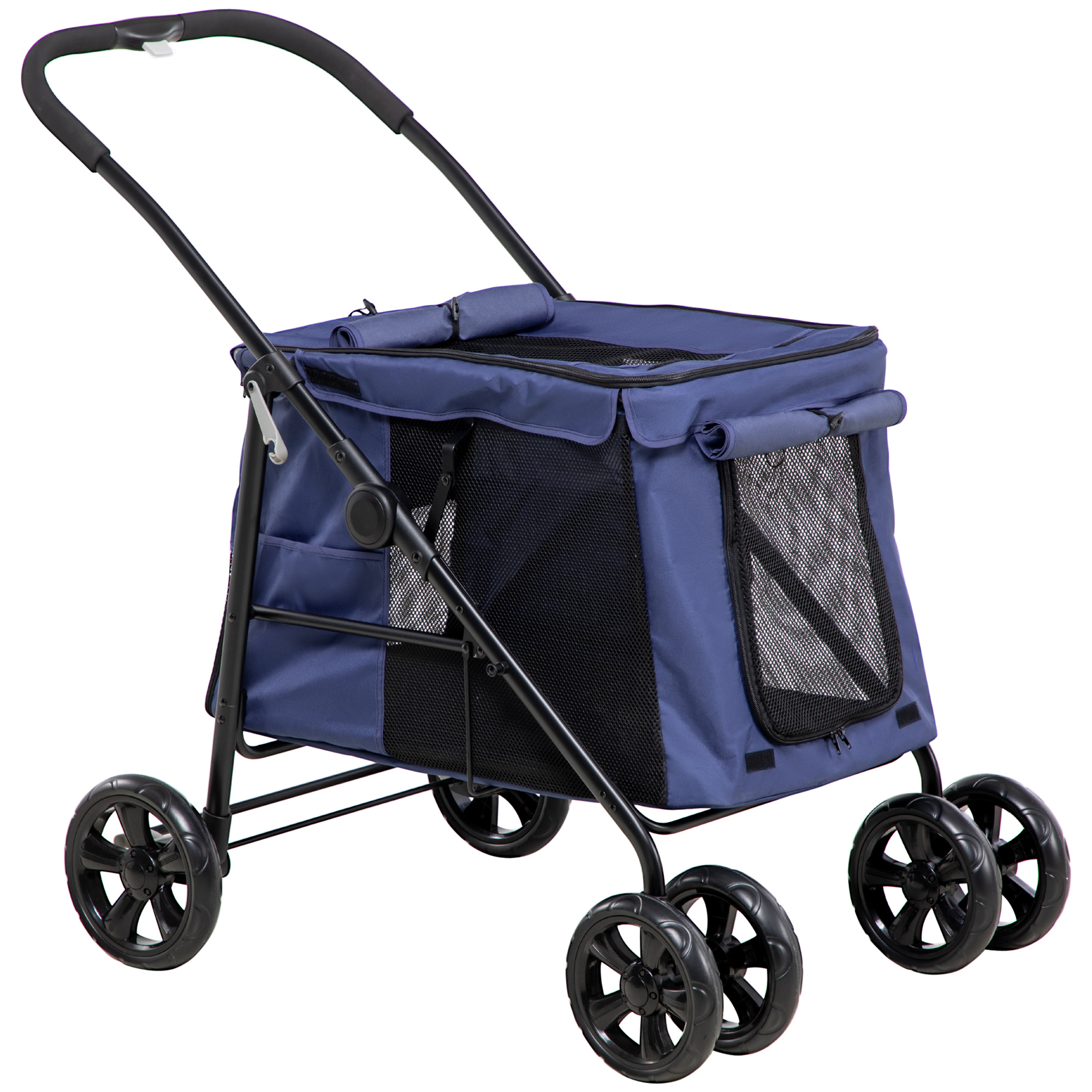 One-Click Foldable Pet Stroller, Dog Cat Travel Pushchair w/ EVA Wheels, Storage Bags, Mesh Windows, Doors, Safety Leash, Cushion Dark Blue - Life 