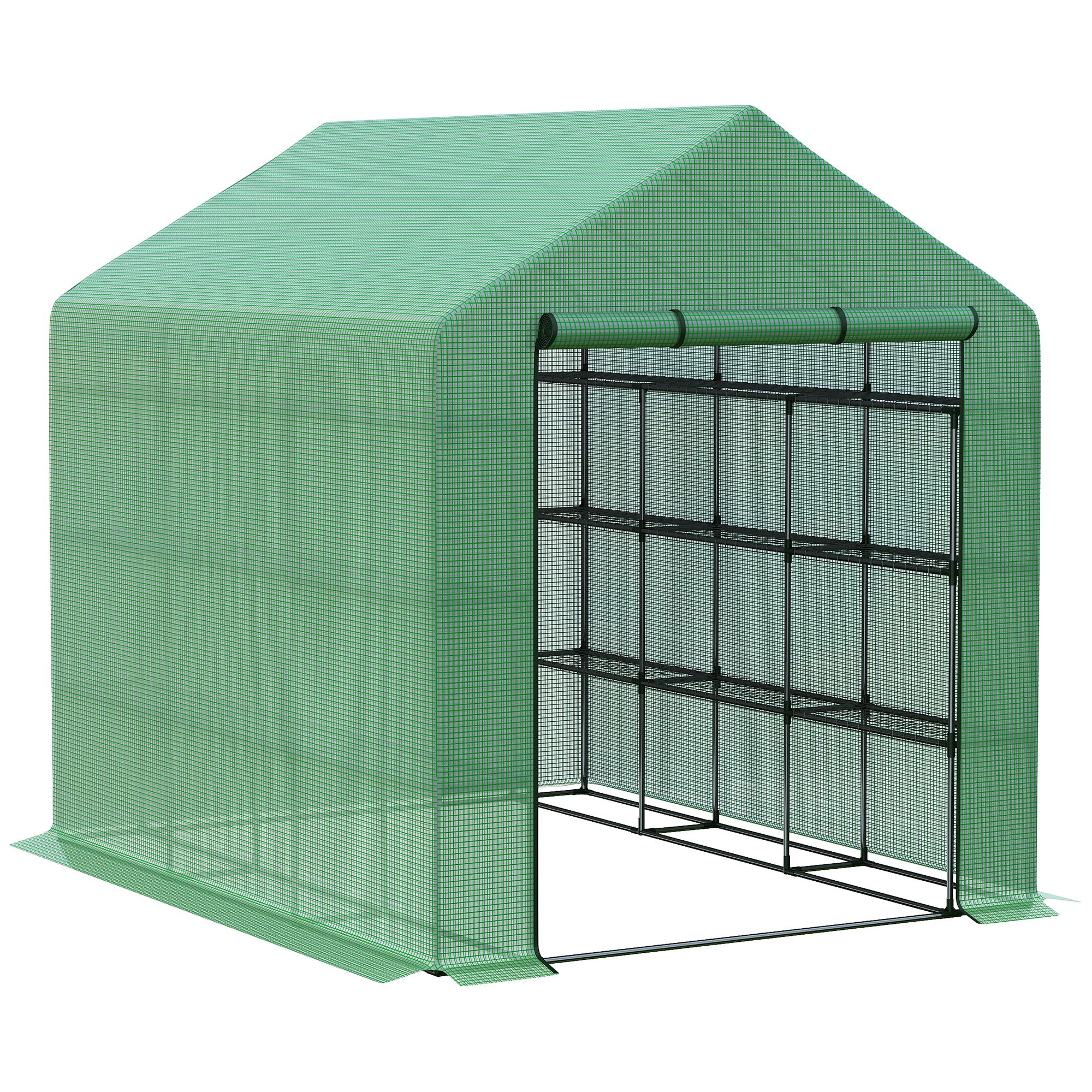 Poly Tunnel Steeple Walk in Garden Greenhouse with Removable Cover Shelves - Green 244 x 180 x 210cm - Life Essentials