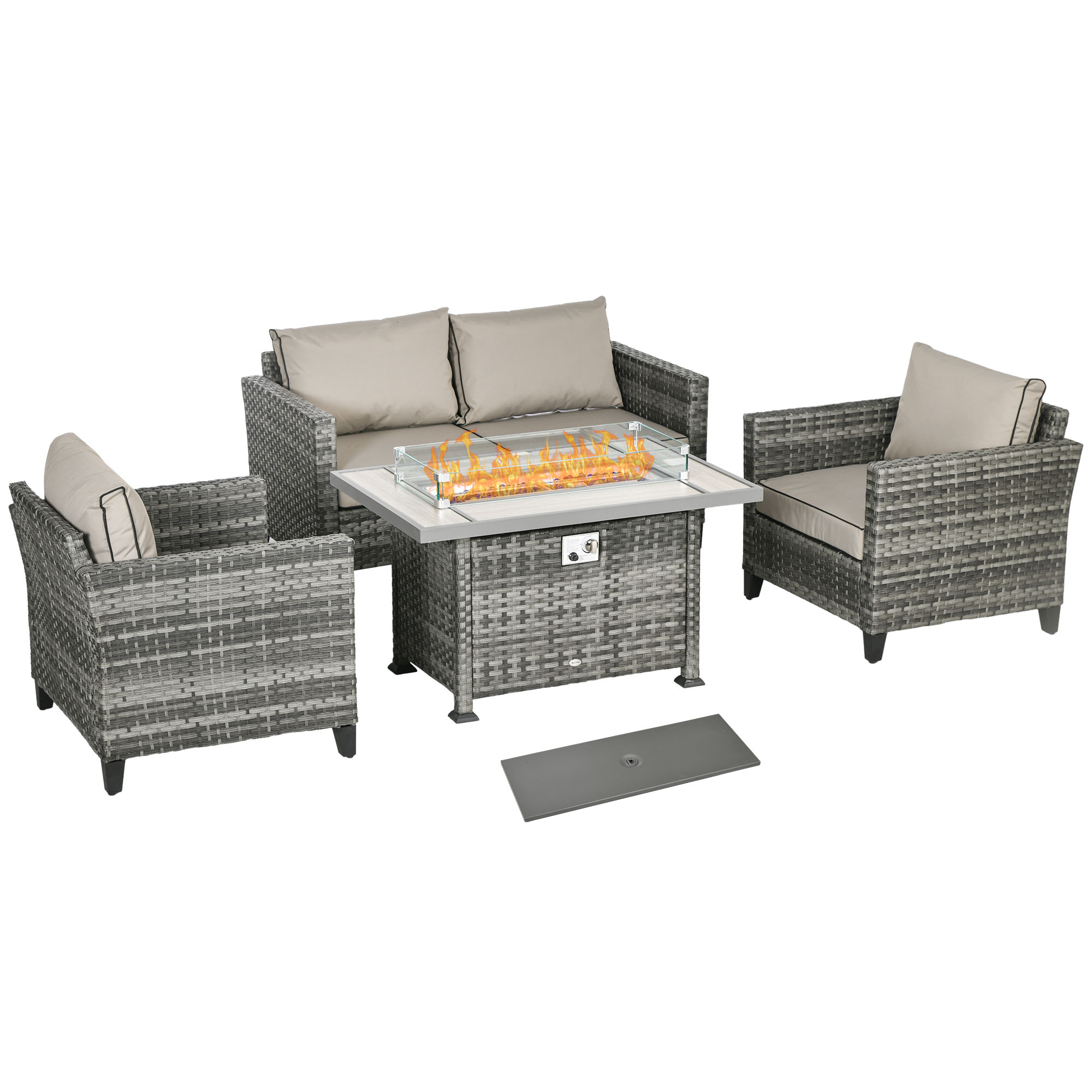 Jones 5-Piece Rattan Patio Furniture Set with Gas Fire Pit - Grey - Life Essentials