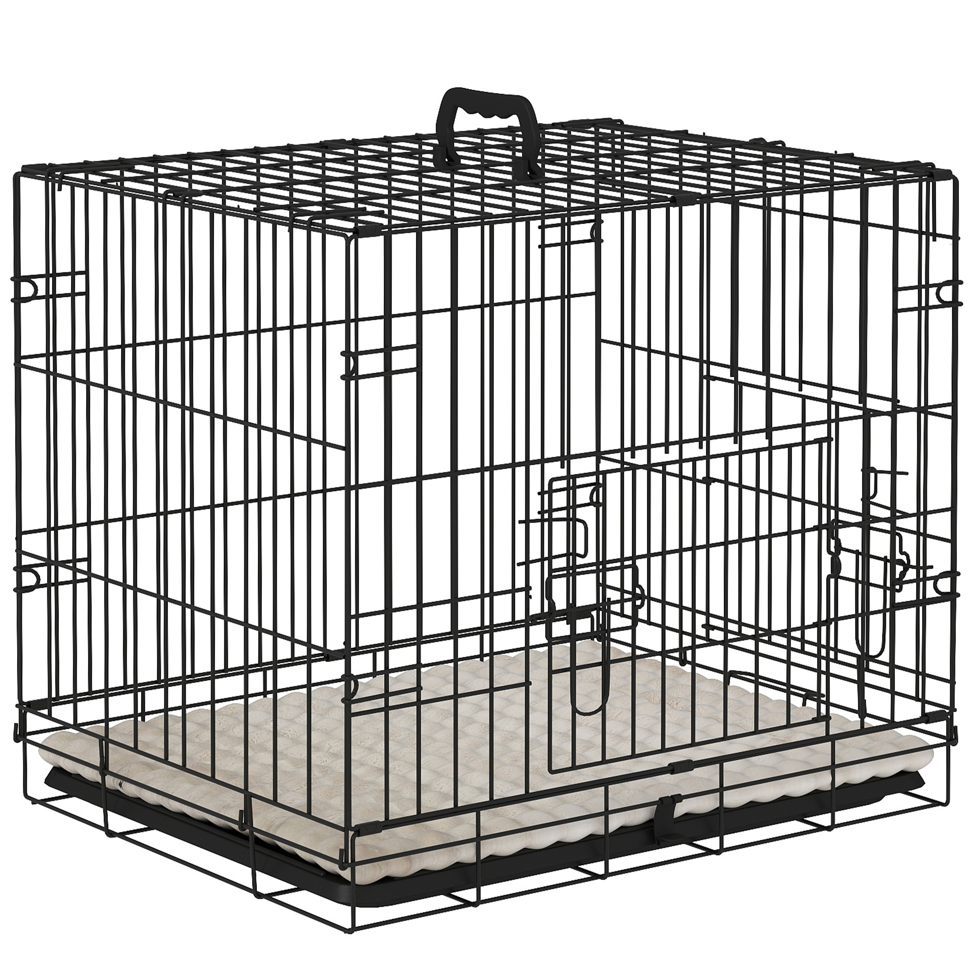 PAWSTER Foldable Dog Crate with Two Doors with Tray, Soft Cushion, for Extra Small Dogs, 60 x 40 x 50, Black - Life Essentials