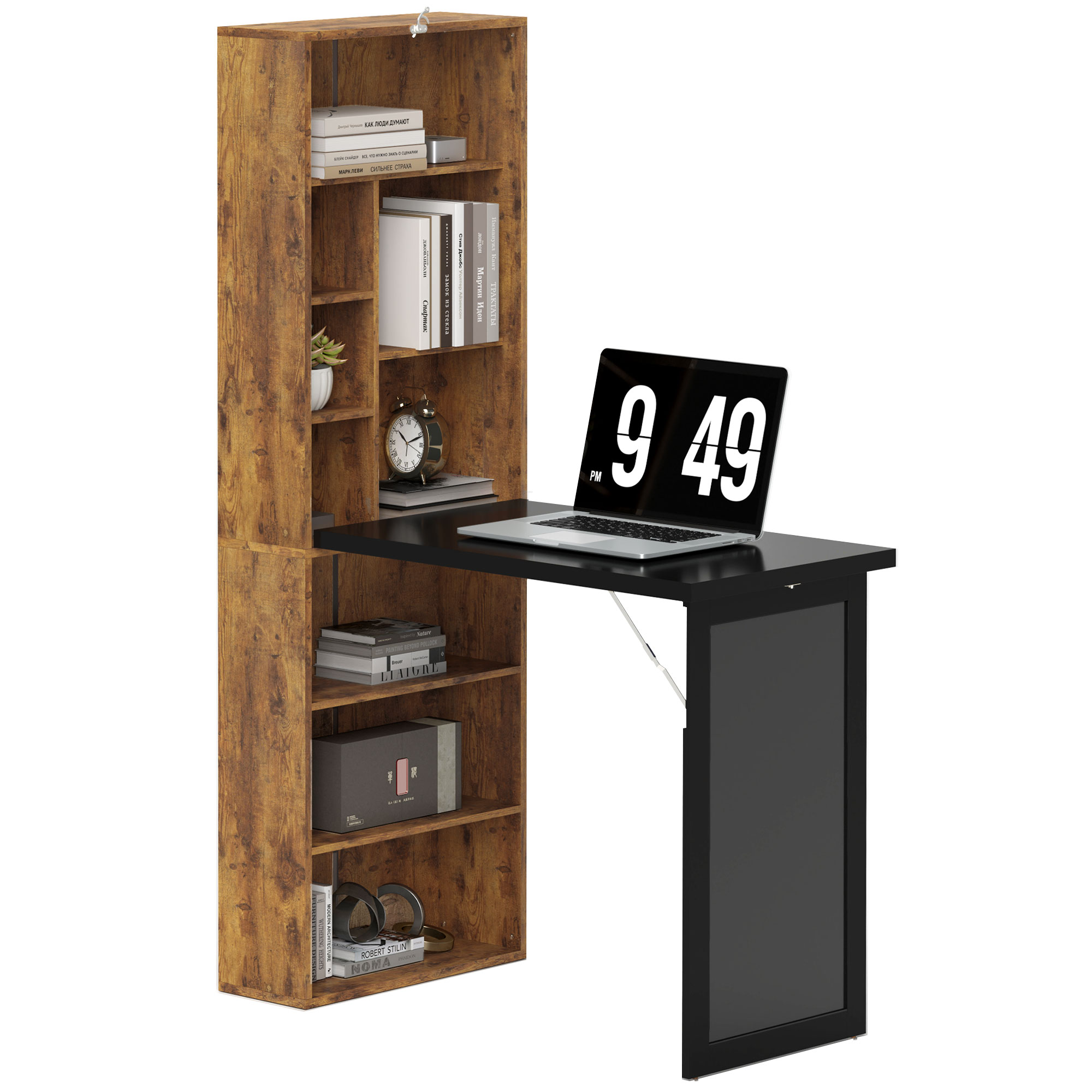 HERON Folding Desk with Blackboard Multi-function Computer Office Workstation Side Shelf for Home Office, Rustic Brown - Life Essentials