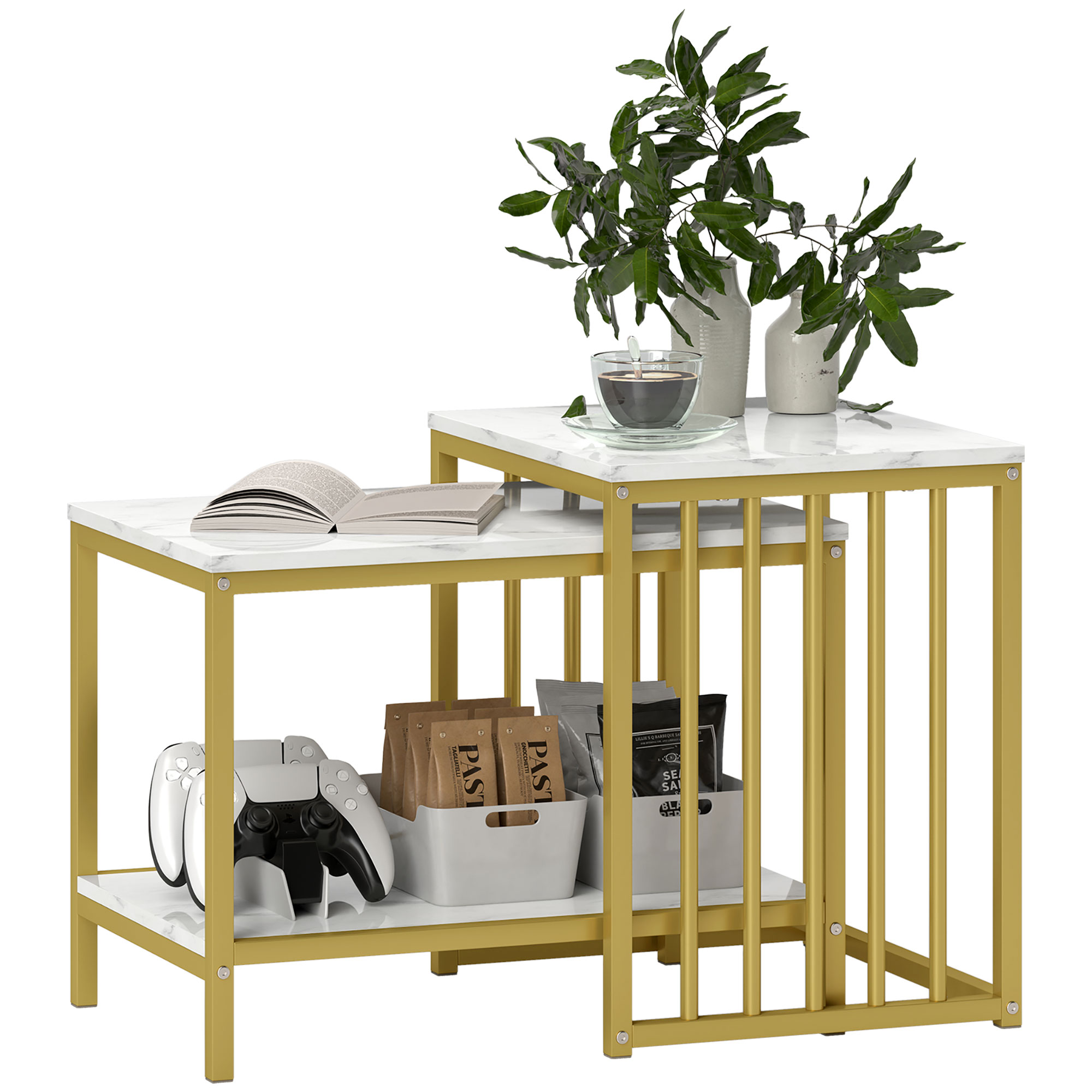 HERON Modern Coffee Table Set of Two, Marble-Effect Nesting Side Tables with Steel Frame for Living Room, Gold Tone - Life Essentials