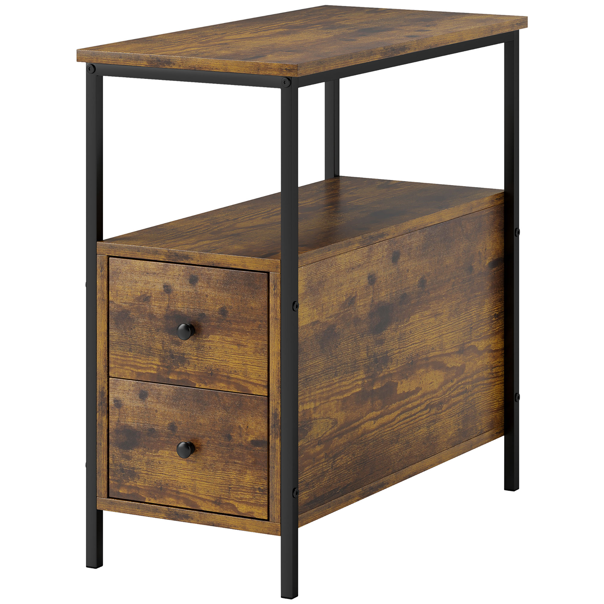 Side Table with 2 Drawers and Storage Shelf, Narrow End Table Bedside Table with Metal Frame for Small Spaces, Rustic Brown - Life Essentials
