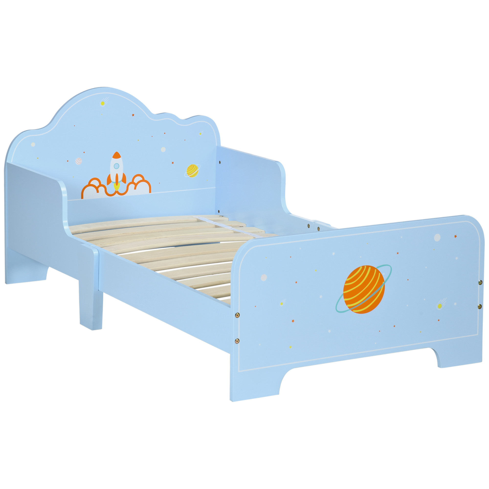 Toddler Bed Kids Bedroom Furniture with Rocket & Plants Patterns Safety Side Rails Slats, Blue - Life Essentials