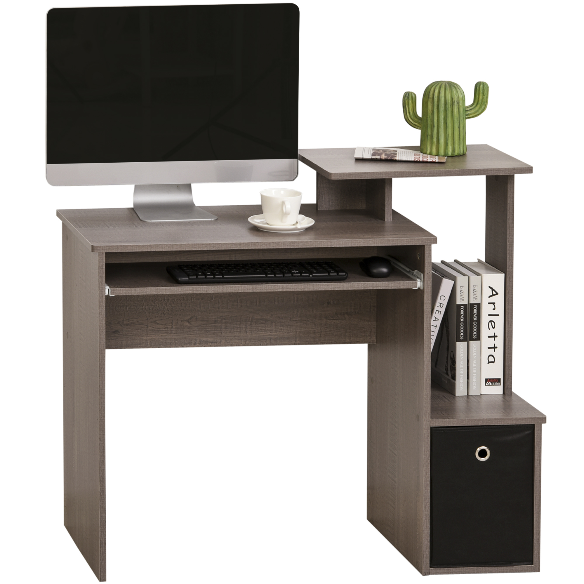 Compact Small Computer PC Desk with Sliding Keyboard Tray Storage Drawer Shelf Home Office Workstation Working Gaming Study Grey - Life Essentials