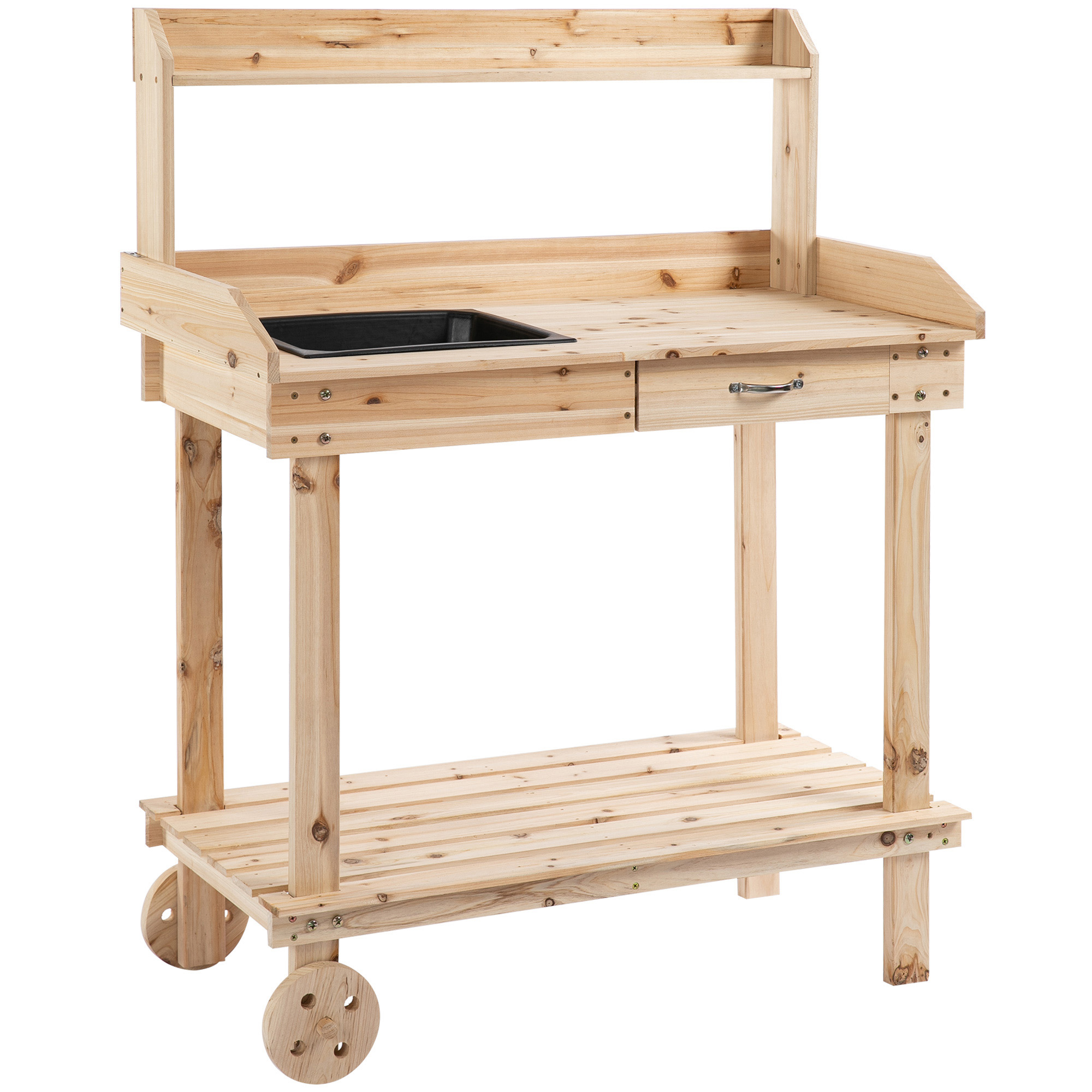 Garden Potting Bench Table, Wooden Work Station, Outdoor Planting Workbench with 2 Wheels, Sink, Drawer & Large Storage Spaces, 92x45x119cm - Life 