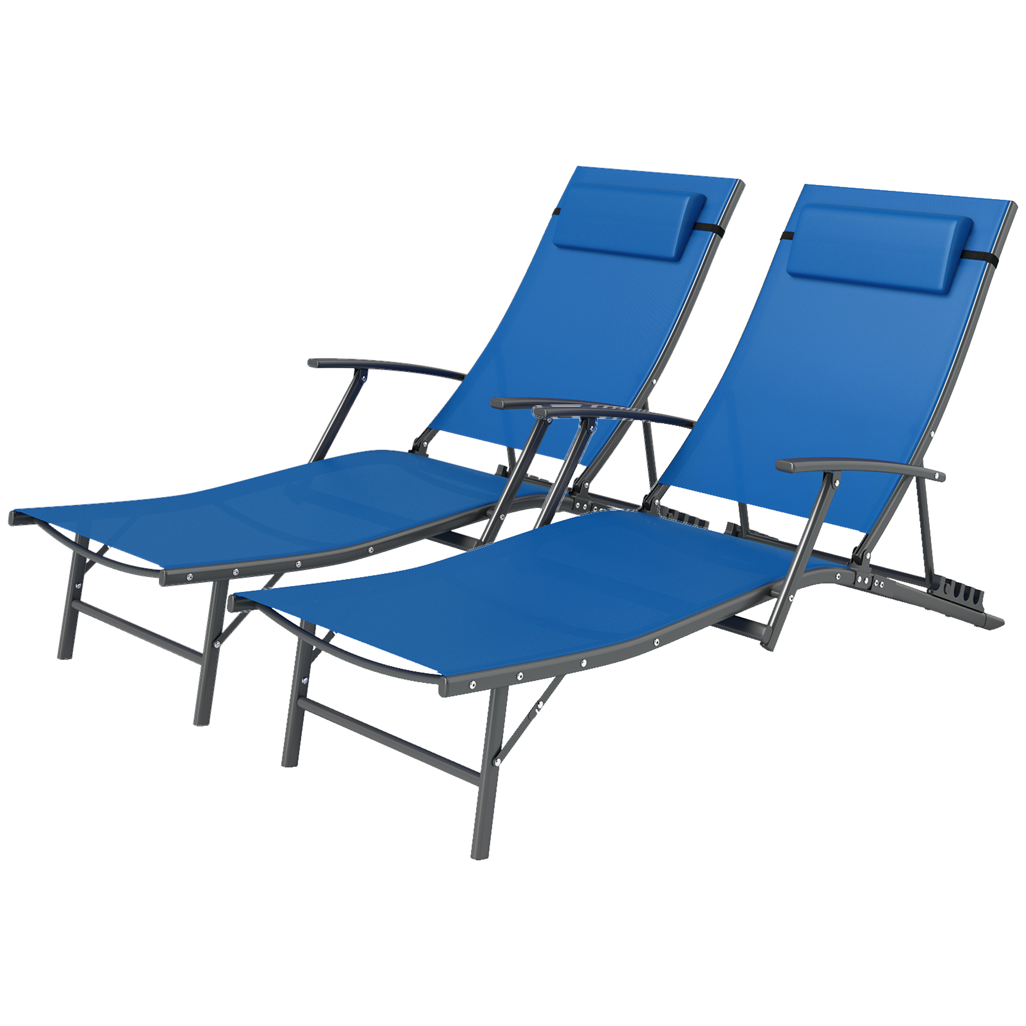 SUNVISTA Set of 2 Folding Sun Loungers for Garden, 4 Positions Adjustable Outdoor Chaise Lounge Chairs with Armrests, Pillows, Steel Frame, Blue - 