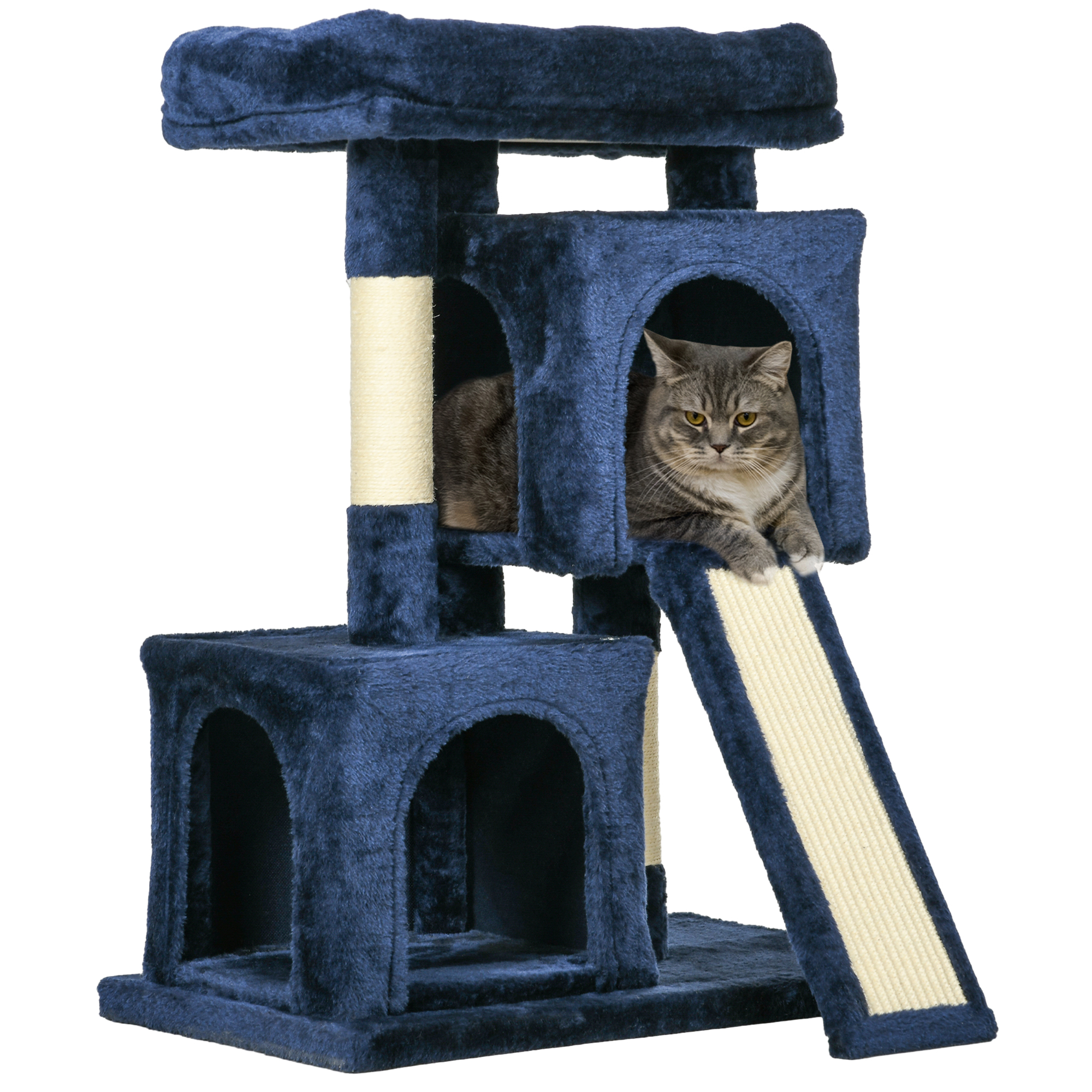 Sisal Cat Rest & Play Activity Tree w/ 2 House Navy Blue - Life Essentials