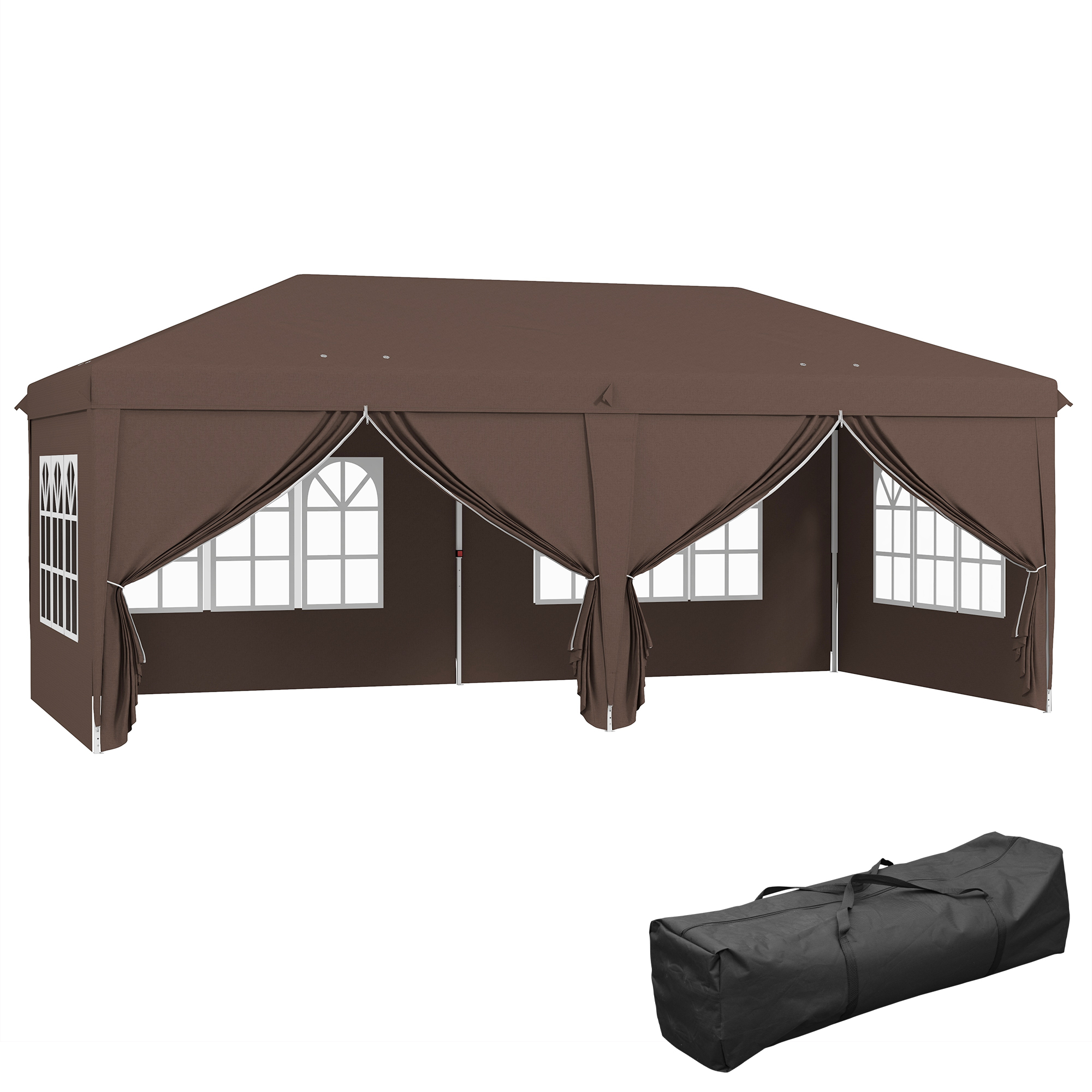 3 x 6 m Pop Up Gazebo with Sides and Windows, Height Adjustable Party Tent with Storage Bag for Garden, Camping, Event, Brown - Life Essentials