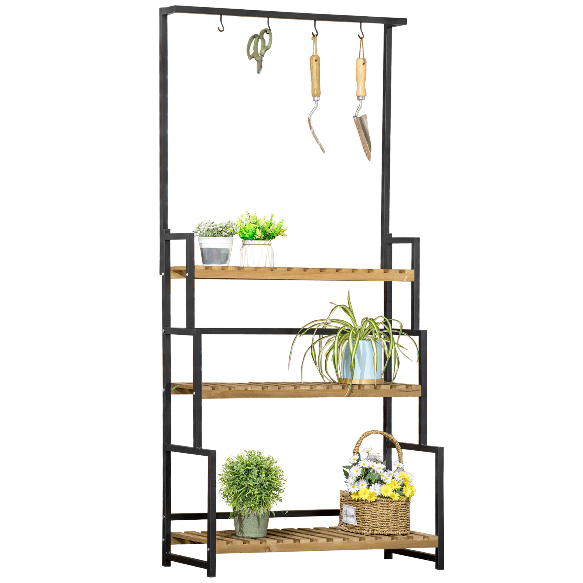 3 Tiered Plant Stand with Hanging Hooks, Flower Rack Shelf for Indoor Outdoor Porch Balcony Living Room Bedroom - Life Essentials