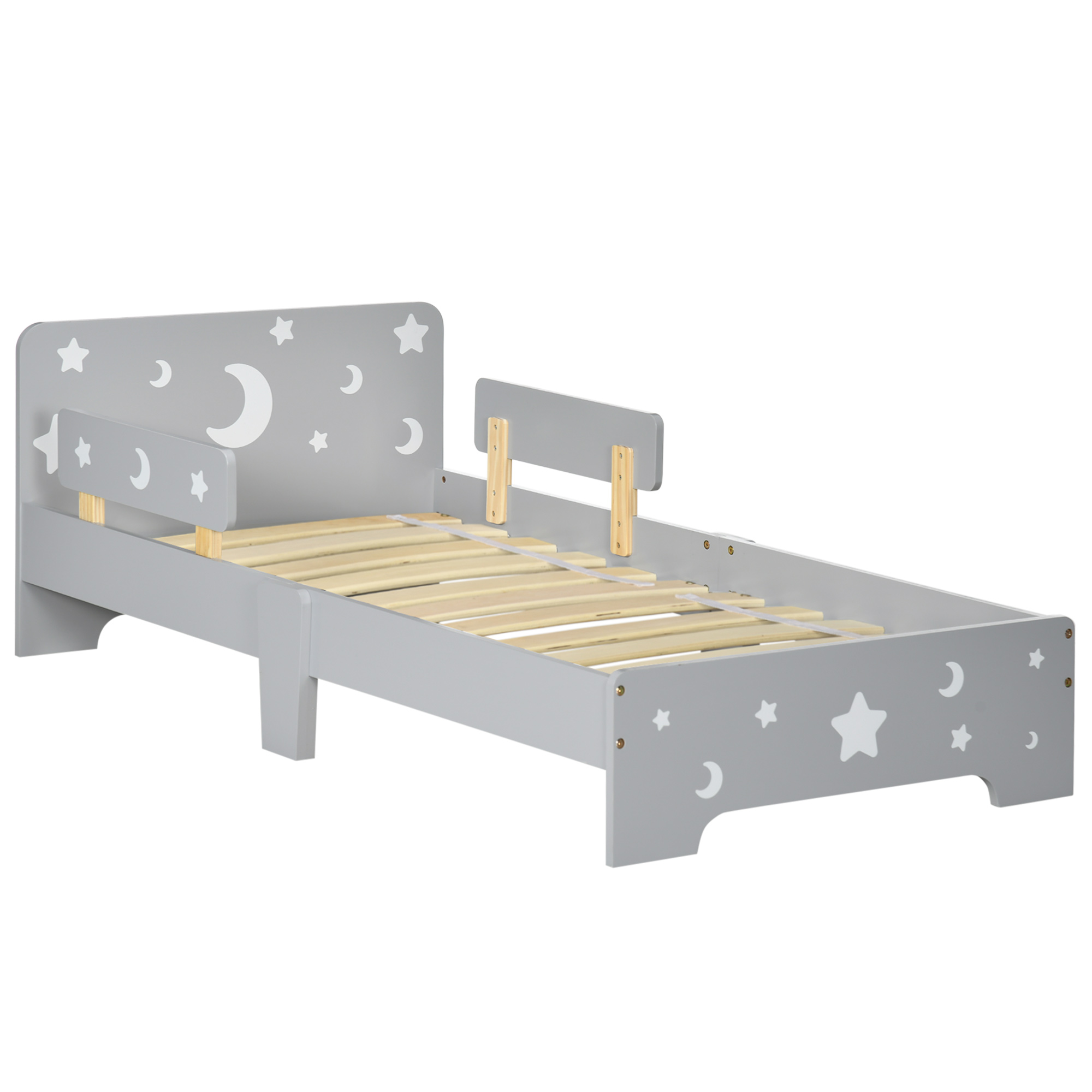 Kids Toddler Bed with Star & Moon Patterns, Safety Side Rails Slats, Kids Bedroom Furniture for 3-6 Years Old, Grey, 143 x 76 x 49 cm - Life 