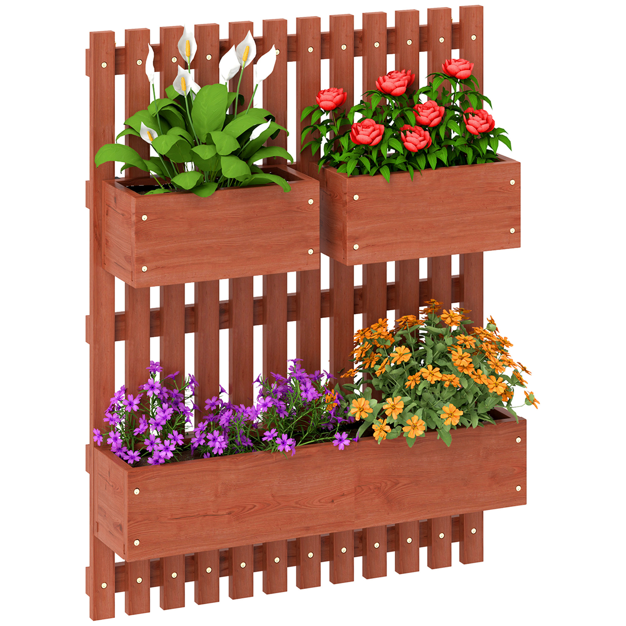 SUNVISTA Wall-mounted Wooden Garden Planters with Trellis, Drainage Holes and 3 Planter Boxes for Patio, Brown - Life Essentials