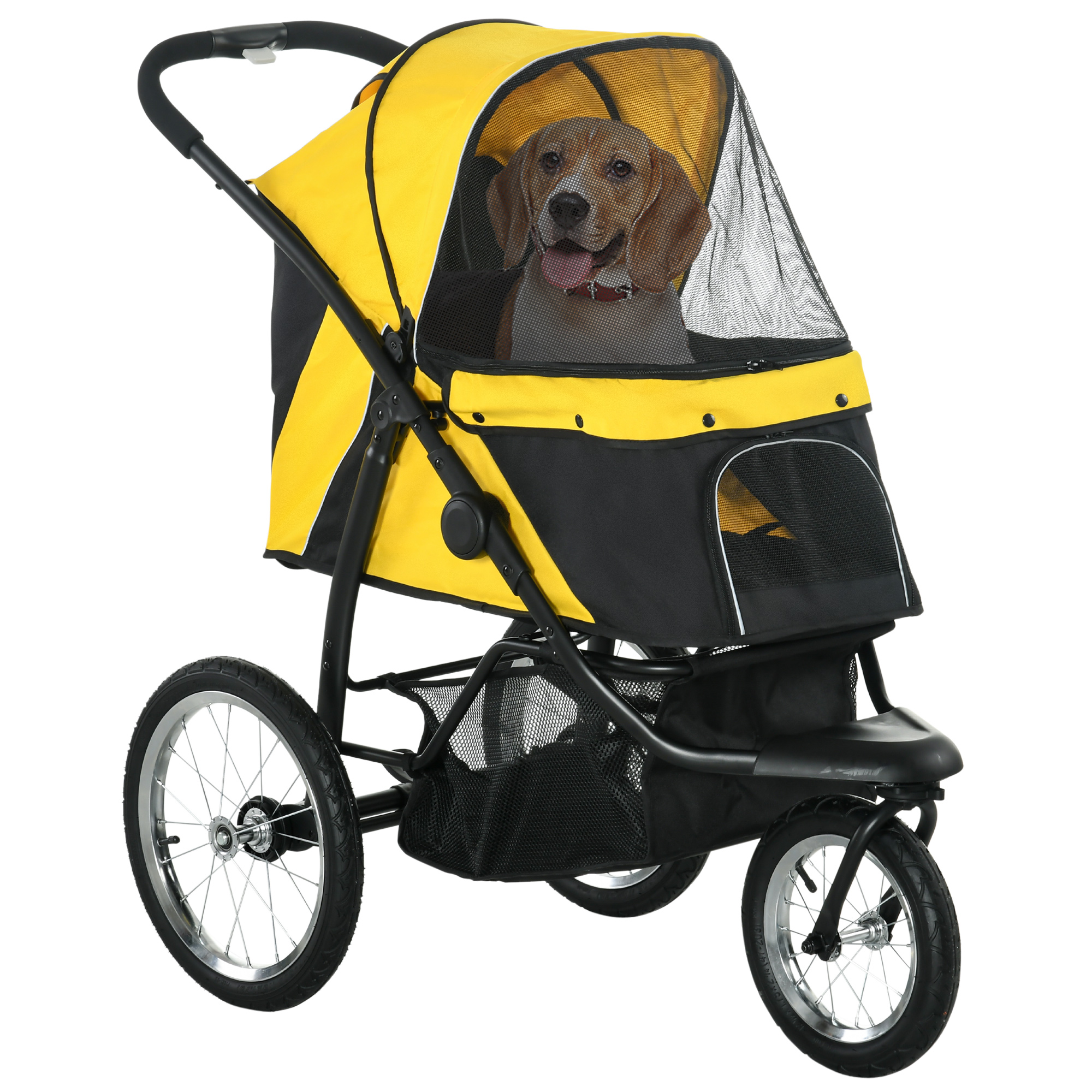 Pet Stroller Jogger for Medium, Small Dogs, Foldable Cat Pram Dog Pushchair w/ Adjustable Canopy, 3 Big Wheels - Yellow - Life Essentials