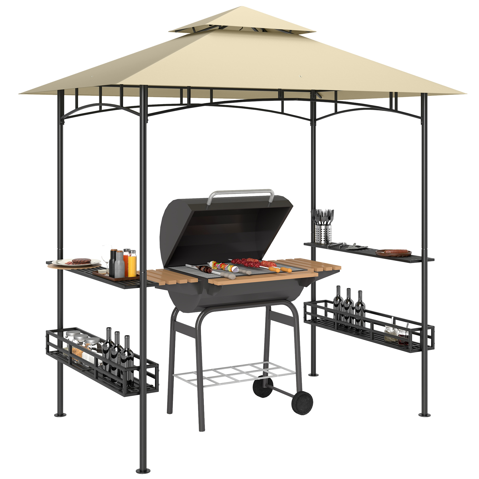 SUNVISTA 8' x 5' Grill Gazebo Canopy, Double Tiered Outdoor BBQ Gazebo Shelter with 2 Side Shelves, Storage Baskets, Hook for Garden, Patio, Beige - 