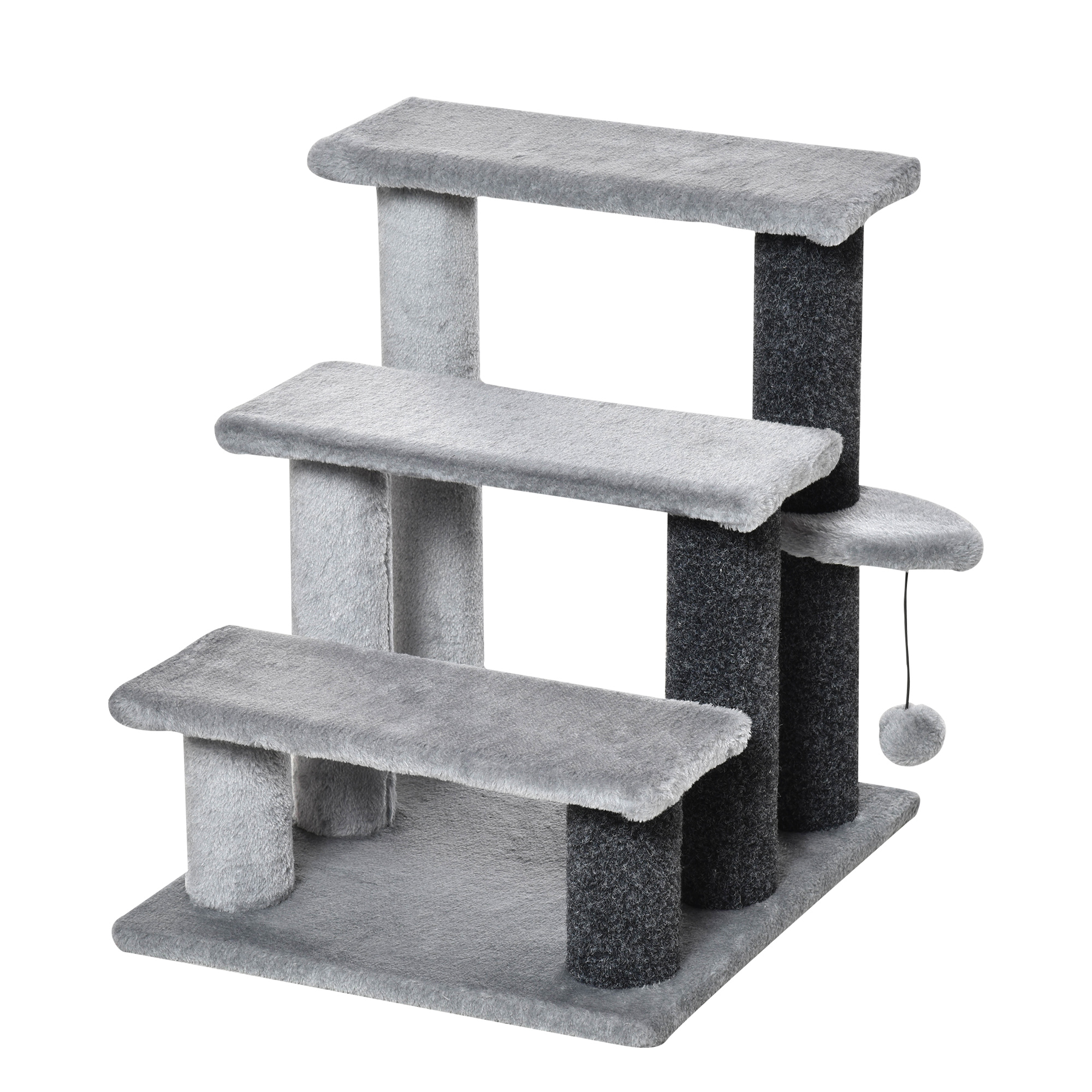 Shelley 3-step Pet Stairs with Scratching Posts and Toy Ball for Small Dogs - Grey - Life Essentials