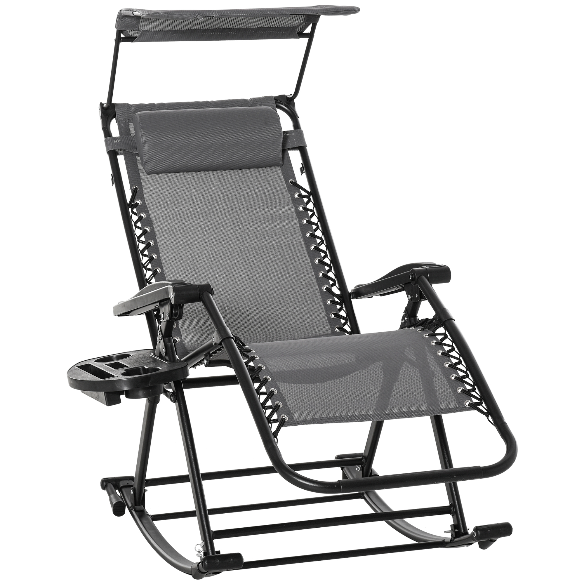 Garden Rocking Chair Folding Recliner Outdoor Adjustable Sun Lounger Rocker Zero-Gravity Seat with Headrest Side Holder Patio Deck - Grey - Life 