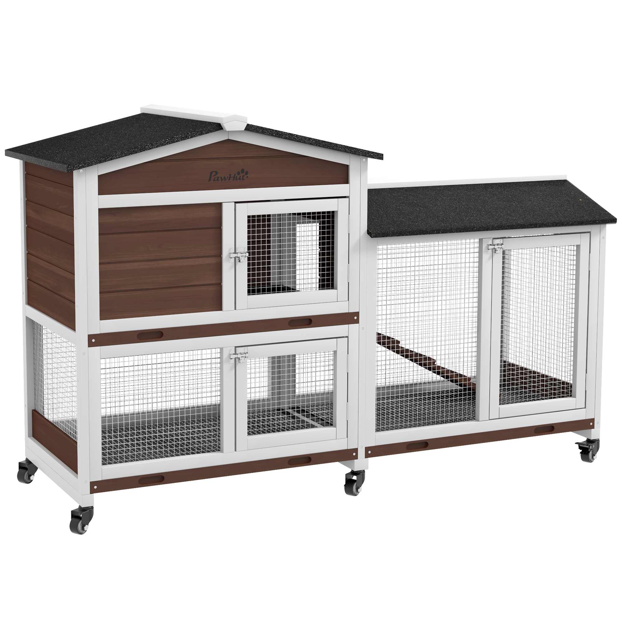 Shelley Pet Hutch Wooden Two-Tier with Wheels and Run - Brown - Life Essentials