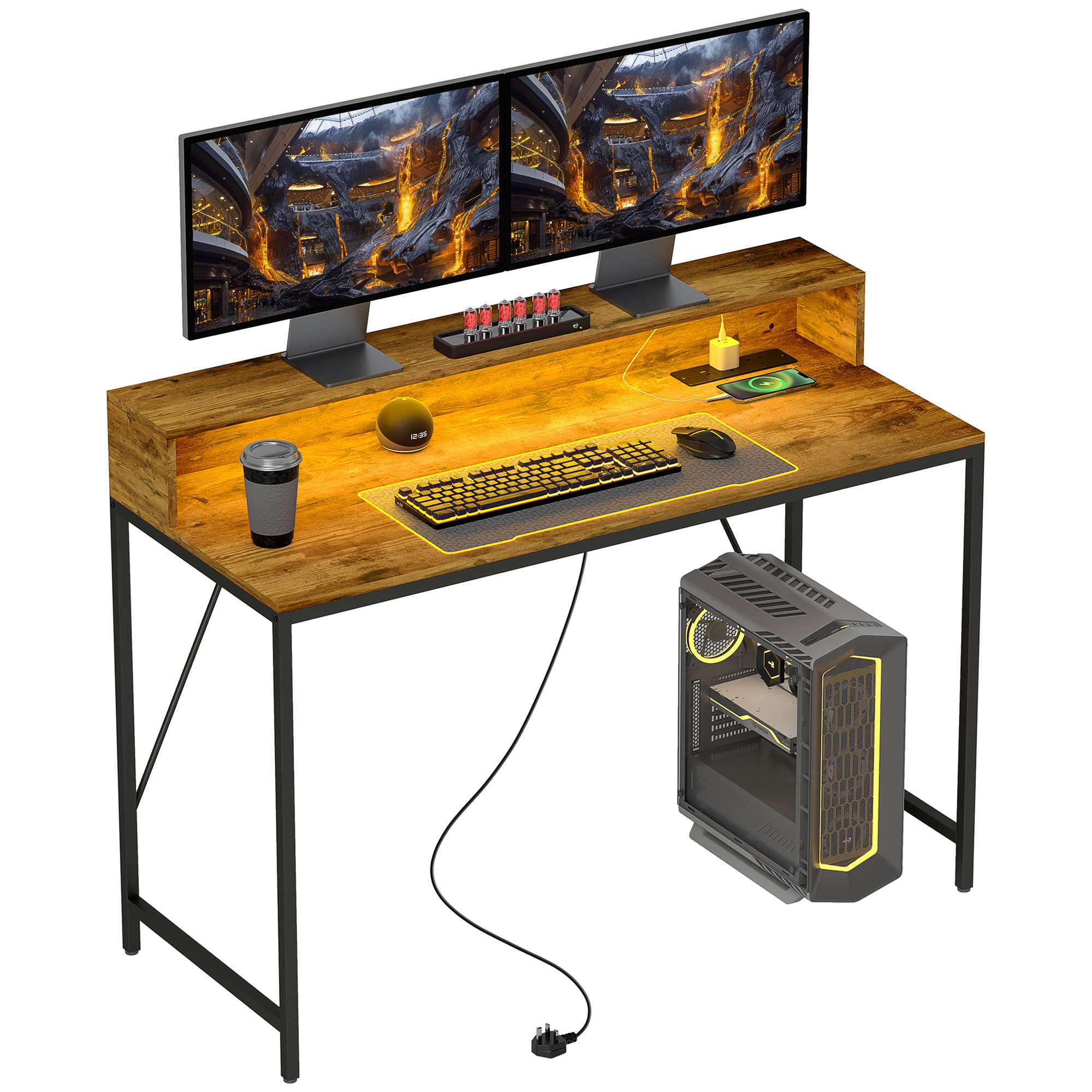 HERON 120cm Computer Gaming Desk with LED Lights, Power Outlets, Monitor Stand, Rustic Brown - Life Essentials