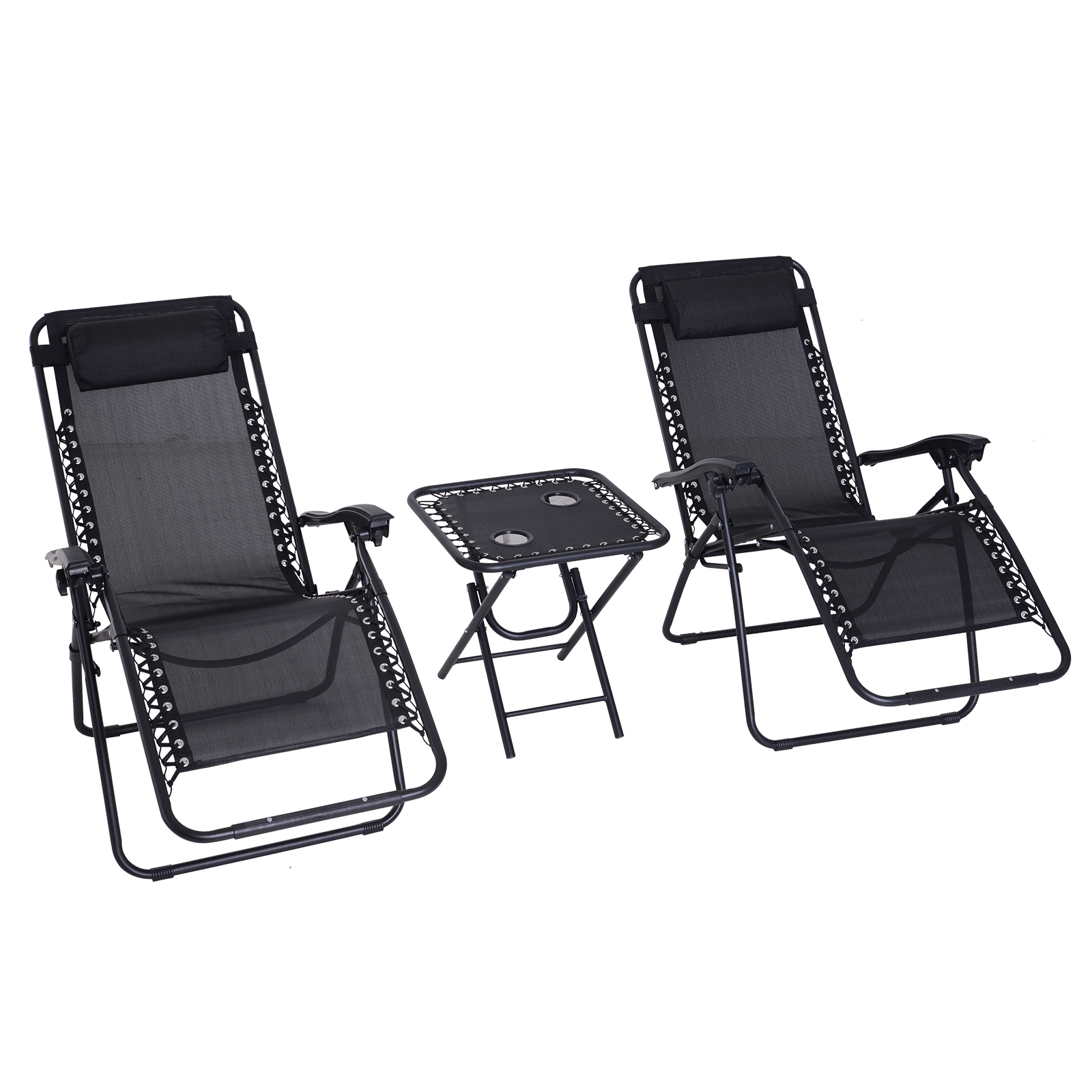 3pcs Folding Zero Gravity Chairs Sun Lounger Table Set w/ Cup Holders Reclining Garden Yard Pool, Black - Life Essentials