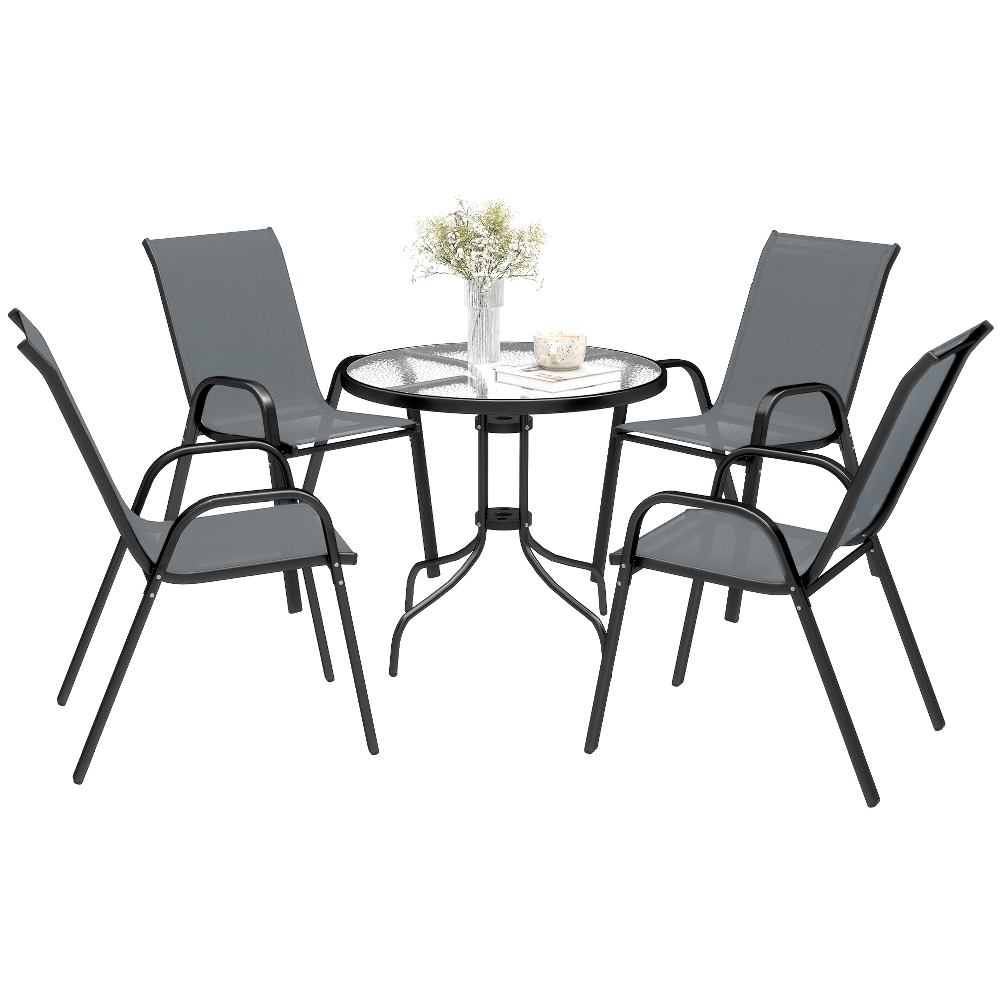 SUNVISTA Five-Piece Steel Patio Set, with Glass-Top Table - Dark Grey - Life Essentials