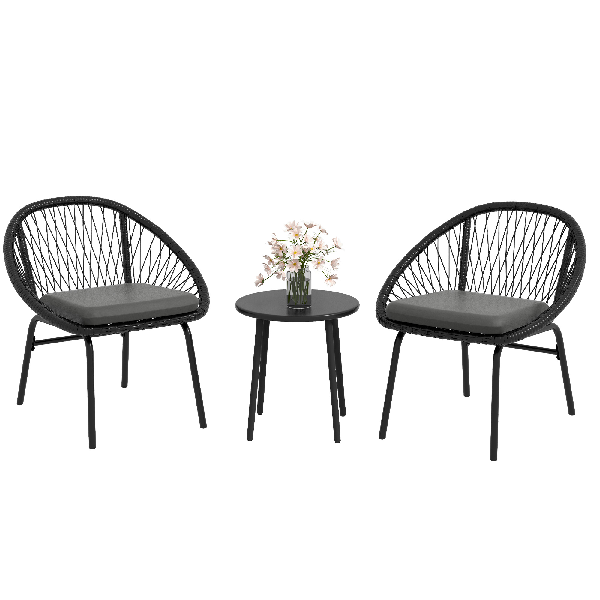3 Piece Garden Furniture Set with Cushions, Round PE Rattan Bistro Set w/ 2 Armchairs & Metal Plate Coffee Table - Life Essentials