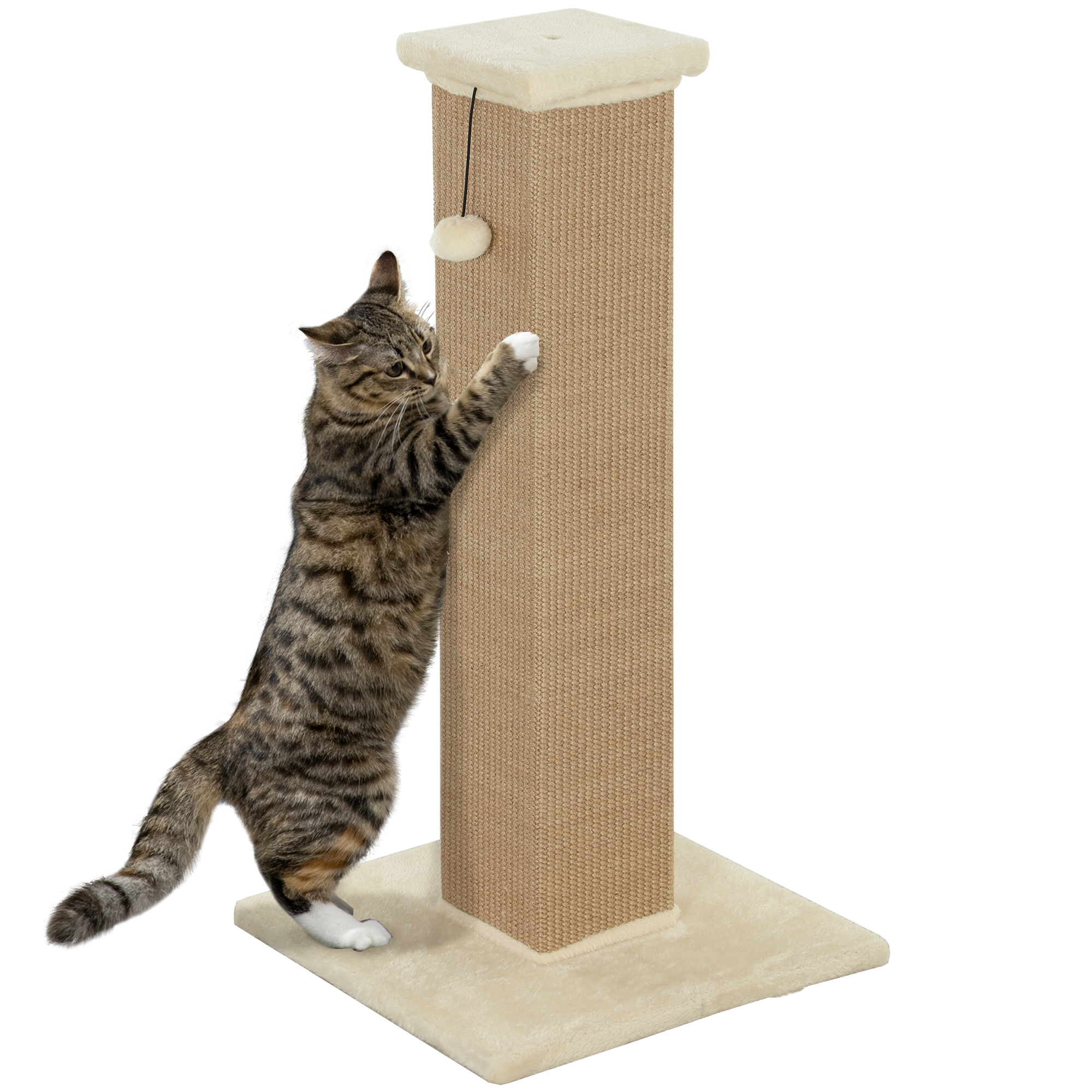 PAWSTER 81cm Cat Scratcher, Vertical Full Scratcher w/ Natural Jute Rope, Hanging Ball, Soft Plush - Beige - Life Essentials