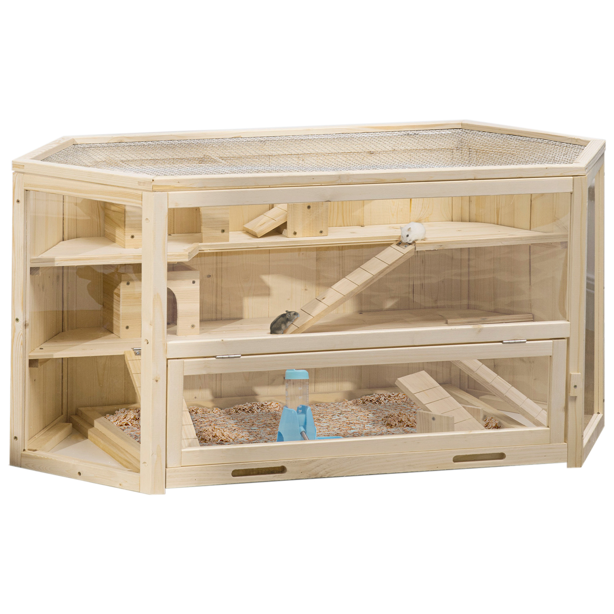 Wooden Large Hamster Cage Mouse Rats Small Animal Exercise Play House 3 Tier with Slide Activity Center, Natural - Life Essentials