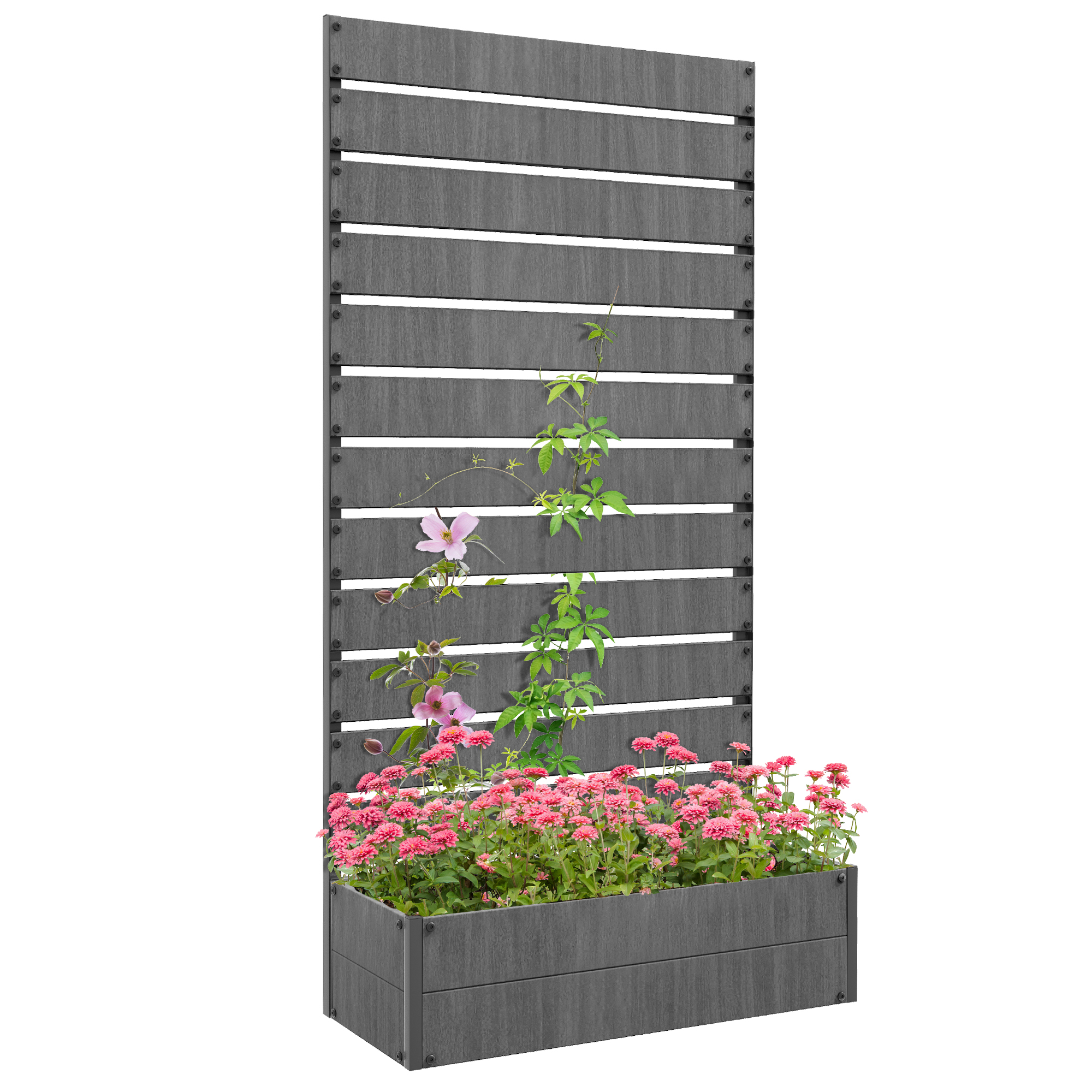 Raised Bed for Garden, Planter with Trellis for Climbing Plants, Vines, Planter Box with Drainage Gap, Dark Grey - Life Essentials