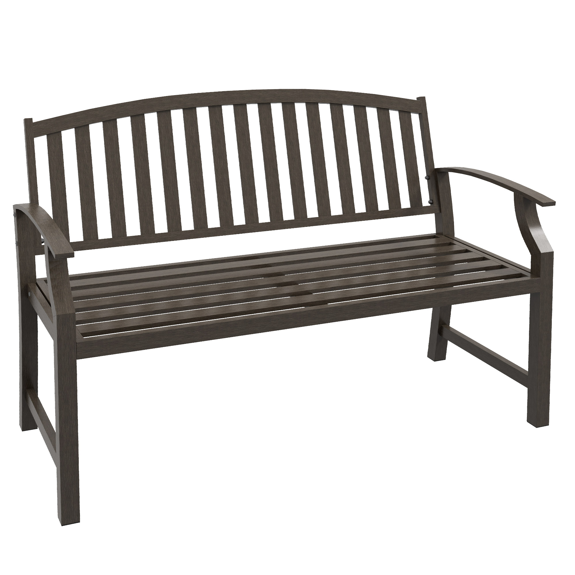 Garden Bench, Outdoor Metal Bench with Slatted Seat and Backrest, Curved Armrest, for Conservatory, Garden, Poolside, Deck, Brown - Life Essentials