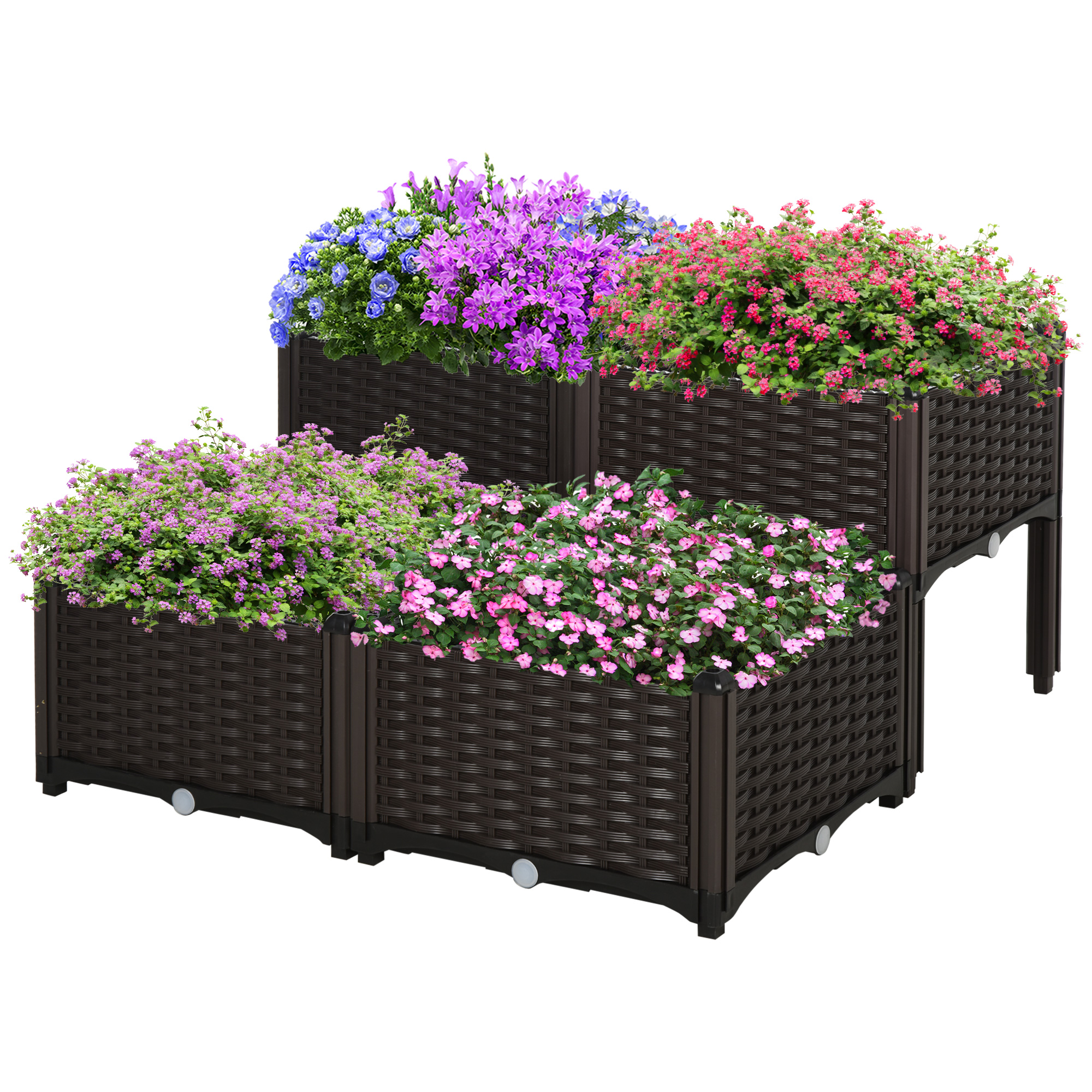 Set of 4 Garden Raised Bed Elevated Patio Flower Plant Planter Box PP Vegetables Planting Container, Brown - Life Essentials