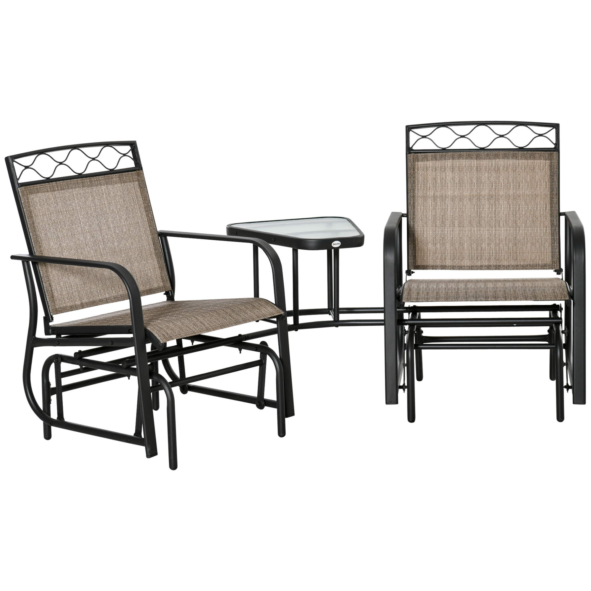 Double Outdoor Glider Chair, 2 Seater Patio Rocking Chairs, Swing Bench w/ Tempered Glass Table, Mesh Fabric for Backyard, Garden, Brown - Life 