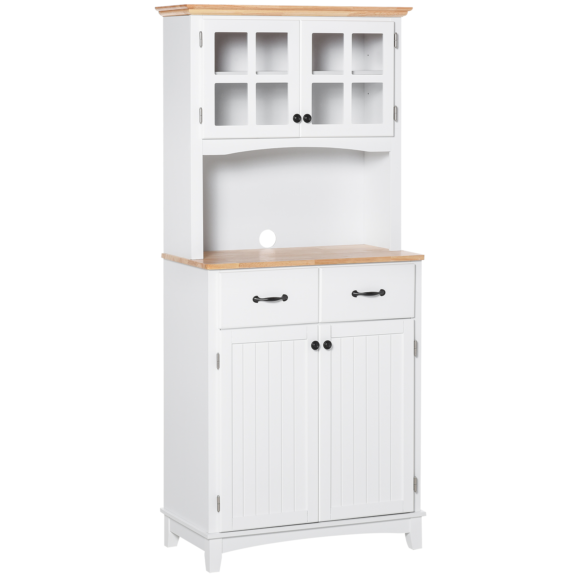 Freestanding Kitchen Cupboard, Kitchen Storage Cabinet with Framed Glass Doors, 2 Drawers, Microwave Counter, White - Life Essentials