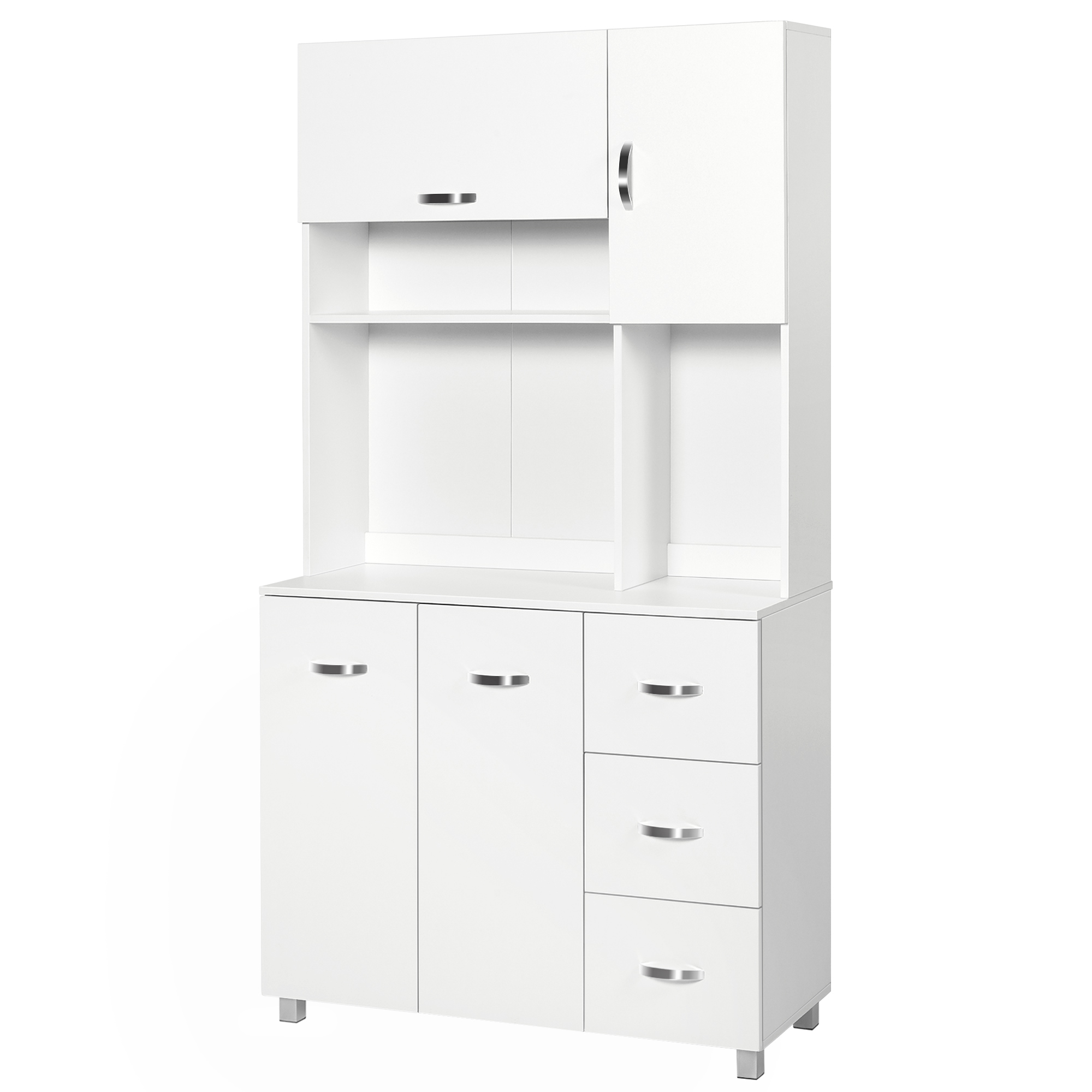 Freestanding Kitchen Storage Unit w/ Cupboard Cabinets Open Compartments Drawers Metal Handles Side Shelf Server Organisation Furniture White - Life 