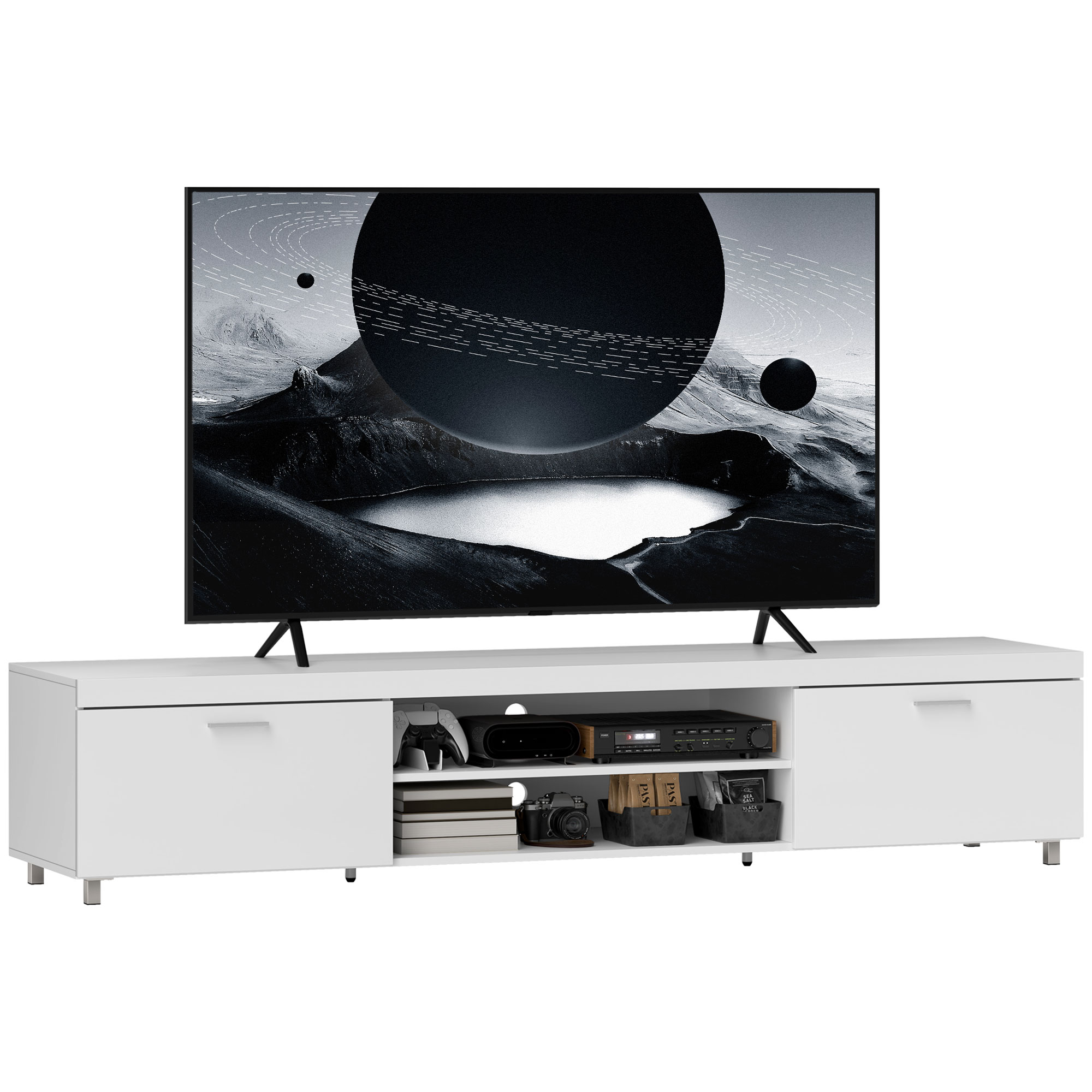 HERON Modern TV unit Cabinet Entertainment Centre for TVs up to 90" w/ Cabinet Shelf for Living room Bedroom White - Life Essentials