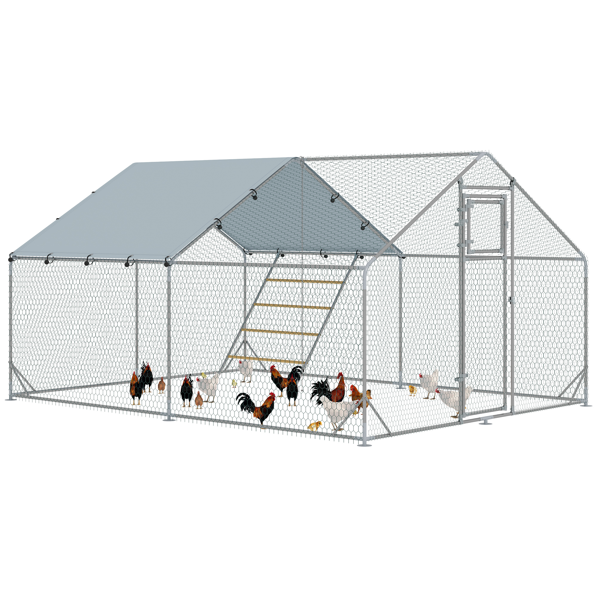 PAWSTER Walk in Chicken Run w/ Cover, Feeding Door, Hanging Feeder, Perch, for 12-18 Poultry - Life Essentials