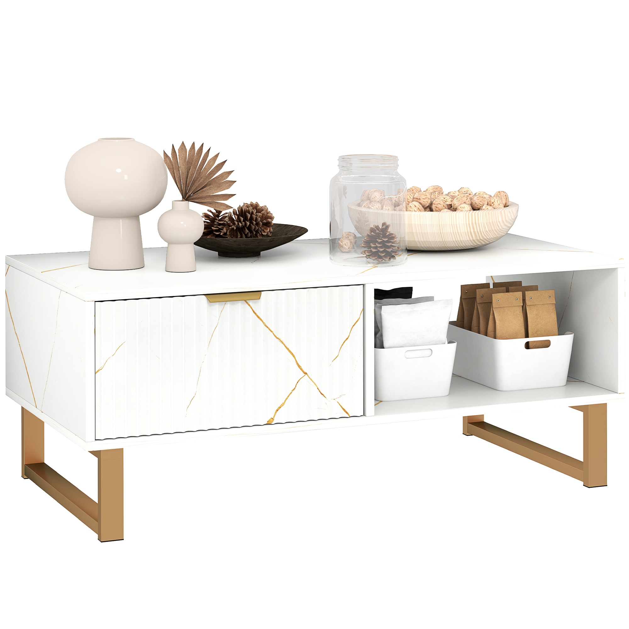 HERON Elegant Marble Effect Storage Coffee Table - White - Life Essentials