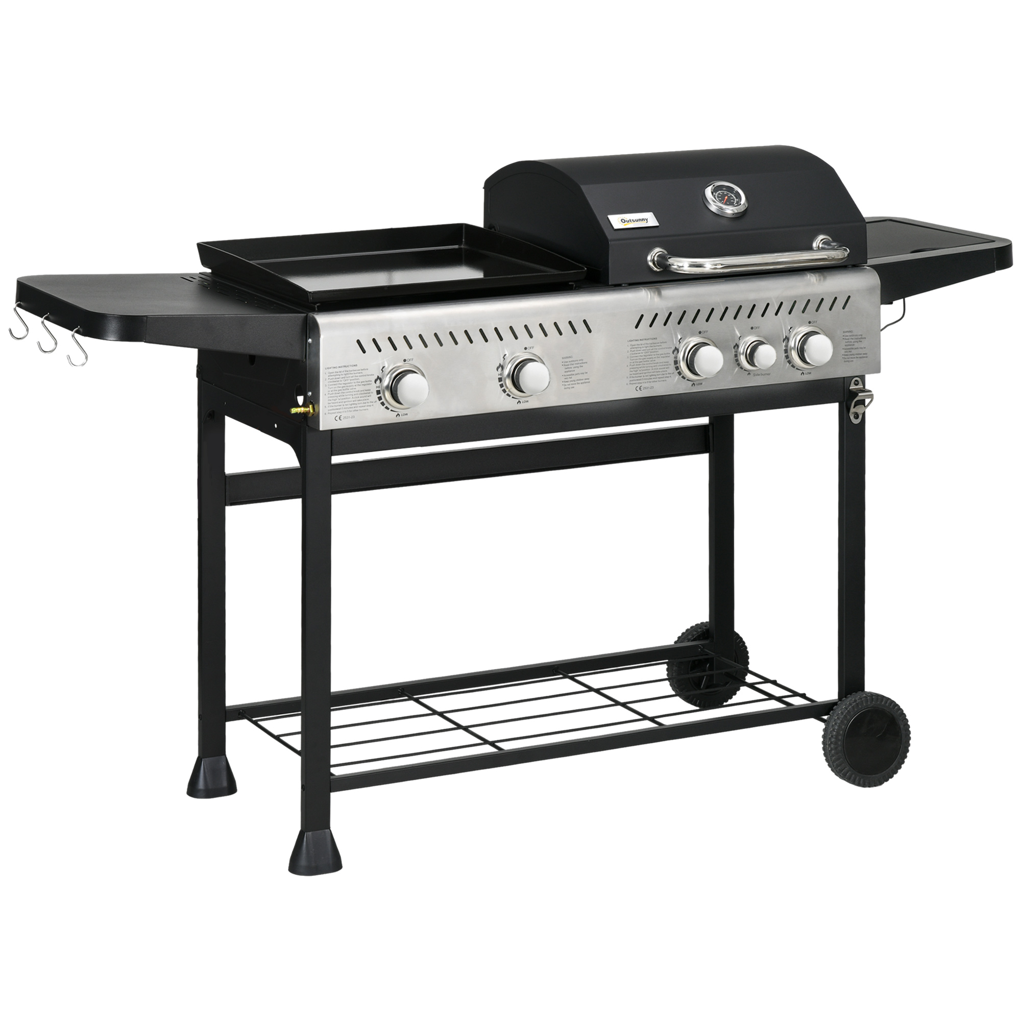 15 kW Gas BBQ Grill and Plancha with Side Burner, Black - Life Essentials
