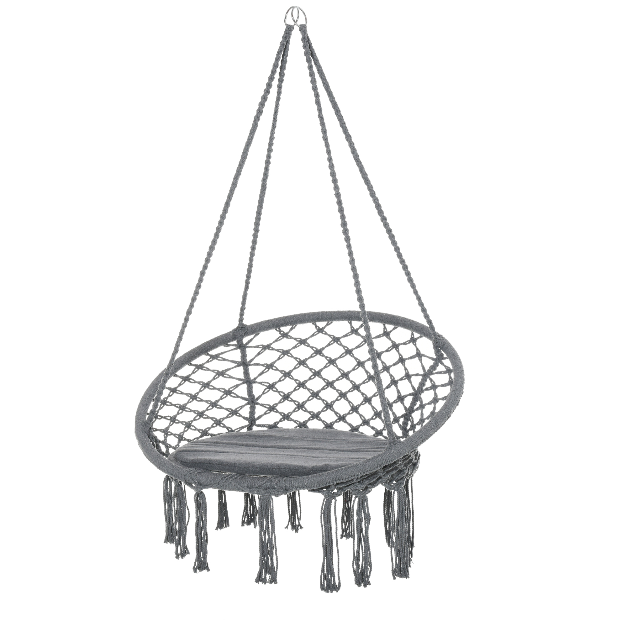 Cotton-Polyester Blend Macrame Hanging Chair Swing Hammock for Indoor & Outdoor Use with Backrest, Fringe Tassels, Grey - Life Essentials