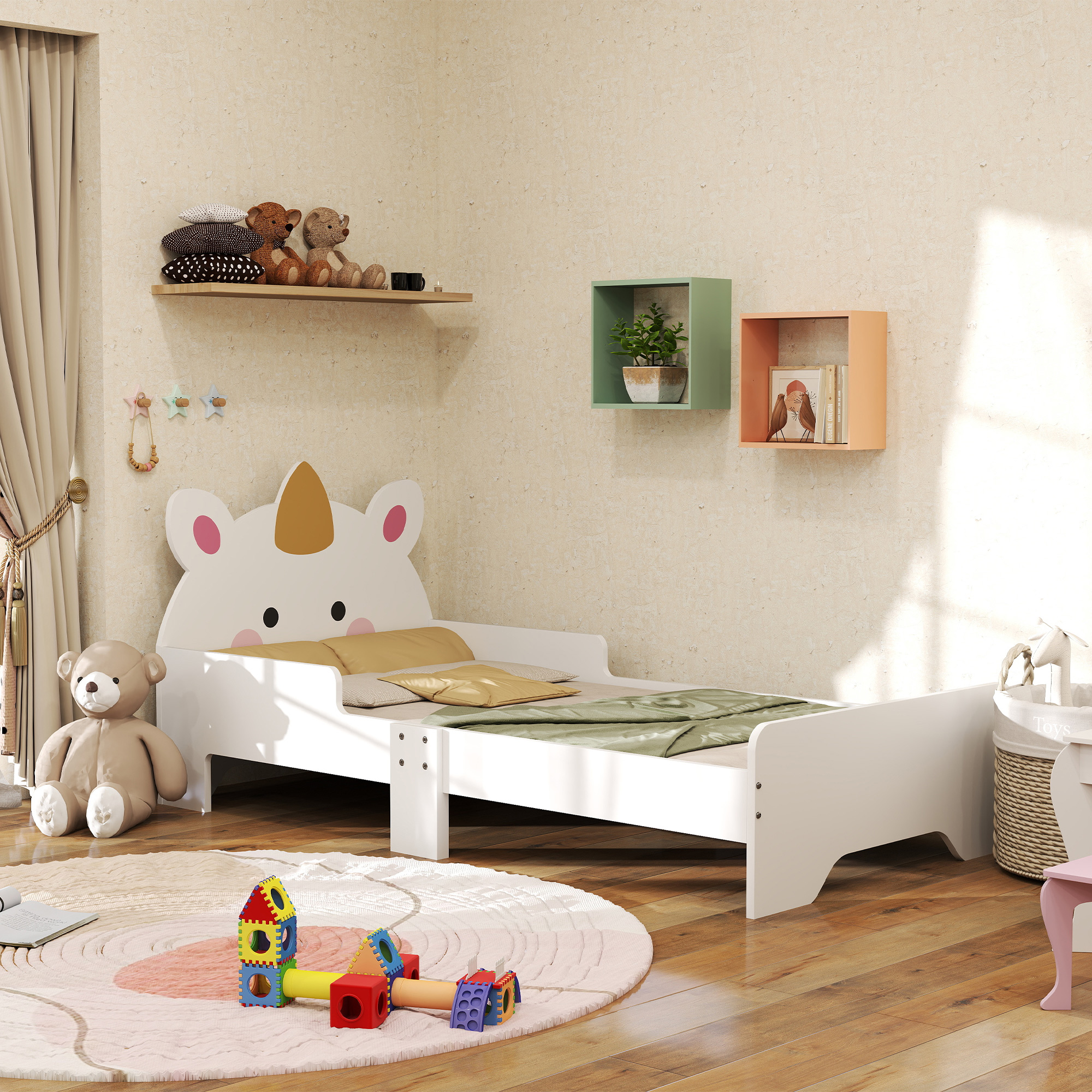 ZONEKIZ Toddler Bed, Kids Bedroom Furniture Unicorn Design for 3-6 Years Old, 143 x 74 x 67 cm, White - Life Essentials