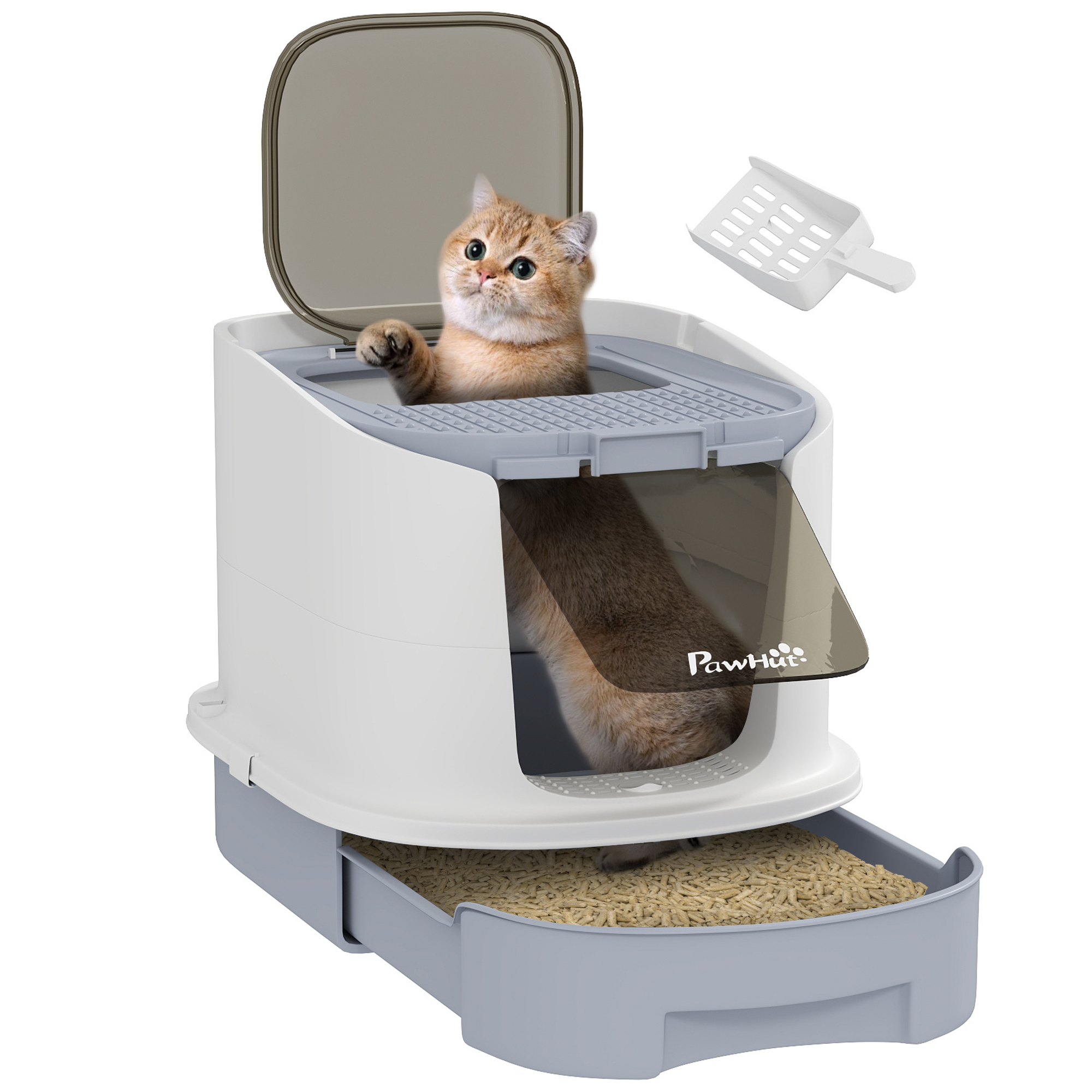 PAWSTER Cat Litter Box with Lid, Scoop, Deodorization Bags, Top Entry, Cat Toilet Easy Clean with Drawer Pan, Grey - Life Essentials