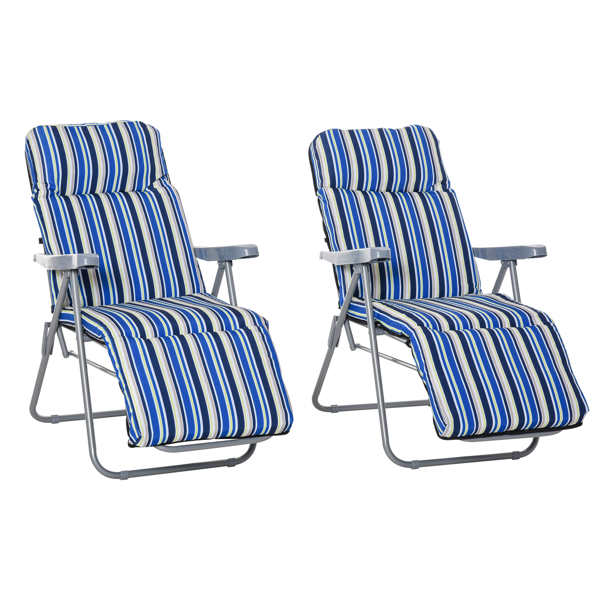 Set of 2 Garden Sun Lounger Outdoor Reclining Seat Cushioned Seat Foldable Adjustable Recliner Blue and White - Life Essentials