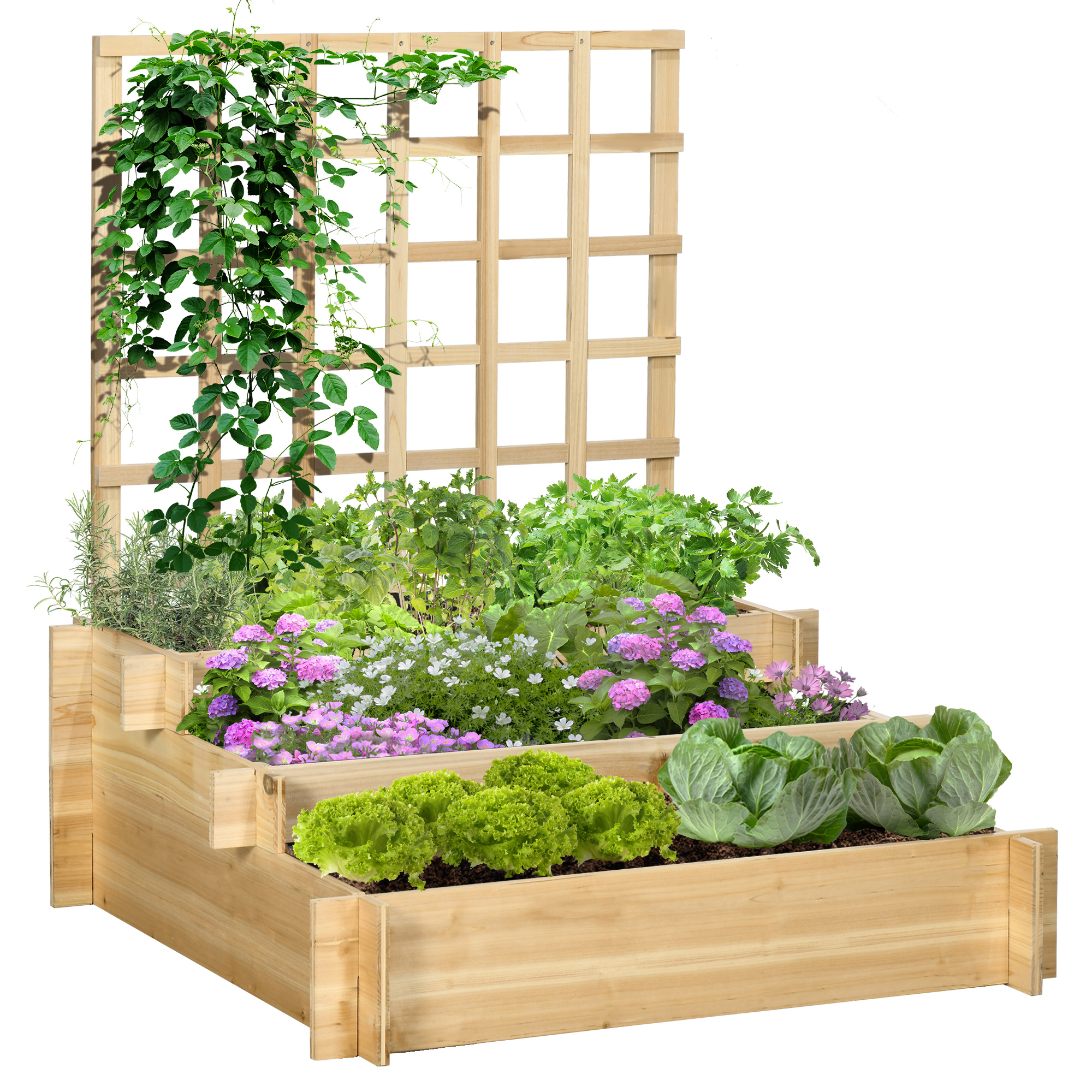 3 Tier Garden Planters with Trellis for Vine Climbing, Wooden Raised Beds, 95x95x110cm, Natural Tone - Life Essentials