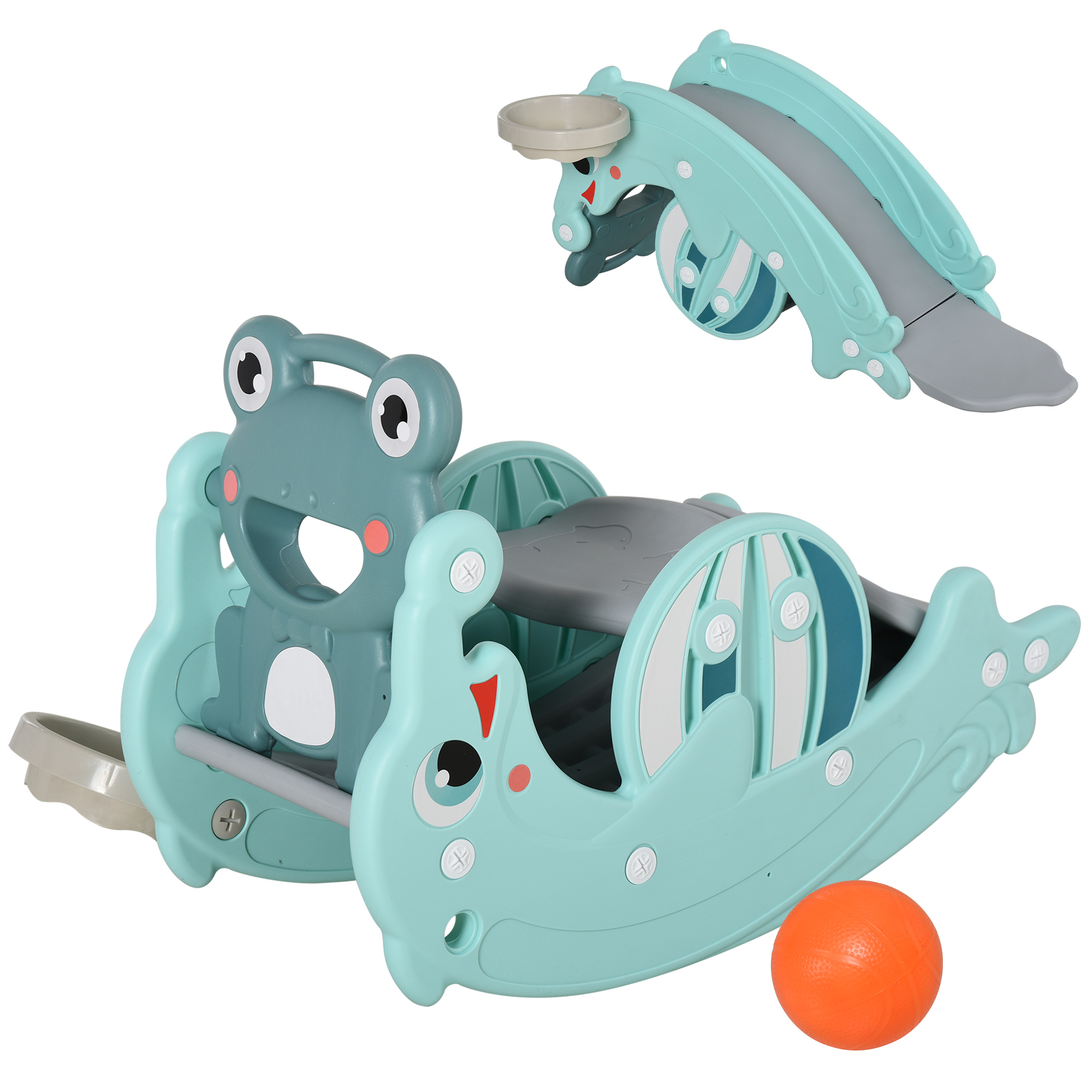3-in-1 Baby Rocking Horse Portable Slide Basketball Hoop Equipment Indoor Outdoor Playground Toy, Age 3-5, Green - Life Essentials