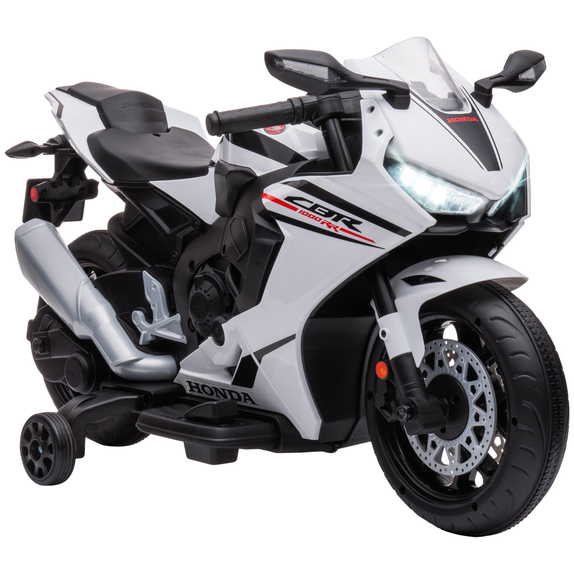 Electric Ride On Motorcycle with Headlights Music, 6V Battery Powered Kids Motorcycle Vehicle with Training Wheels, for 3-5 Years Old, White - Life 