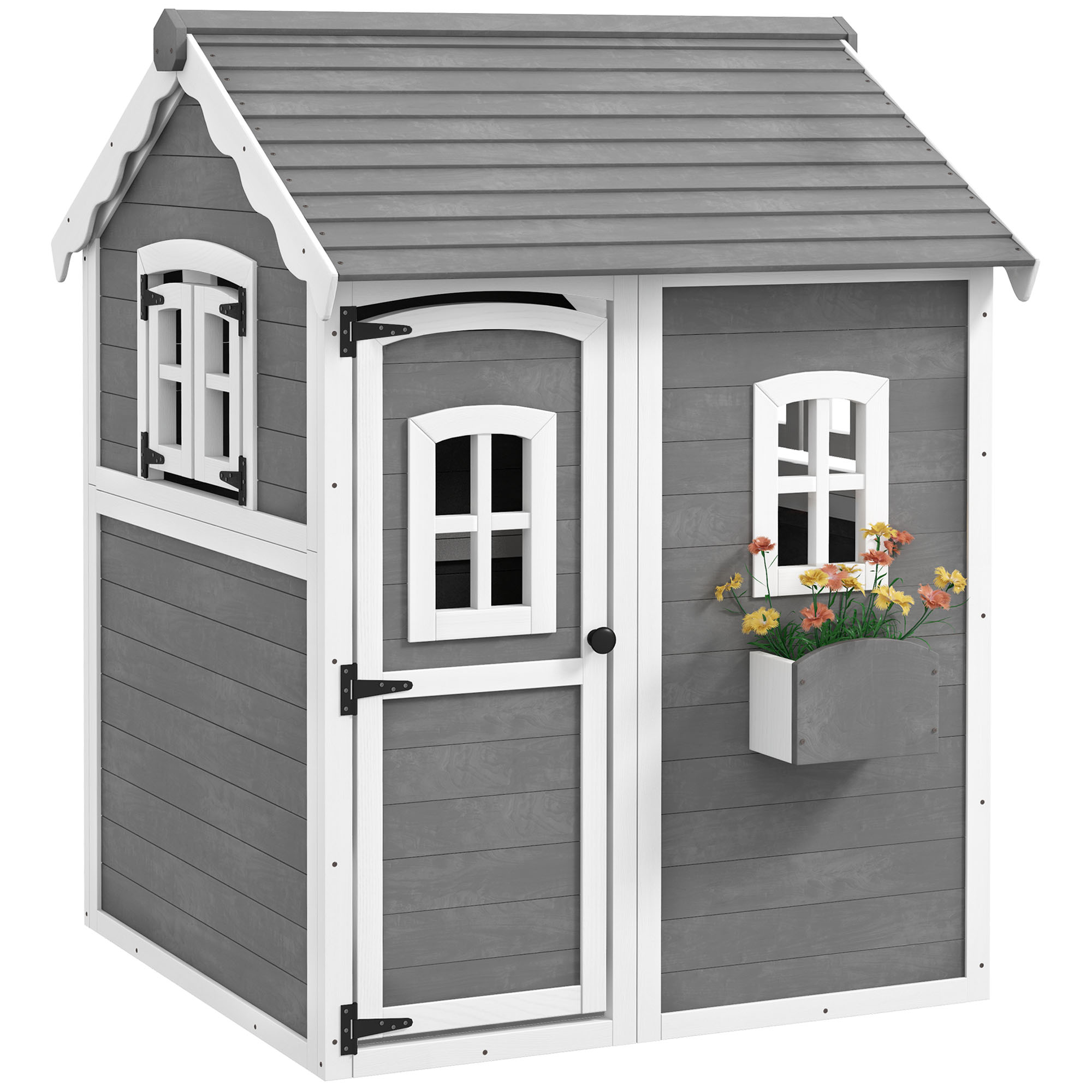 Wooden Playhouse for Kids with Doors, Windows, Plant Box, Floors, for 3-8 Years Old, Garden, Lawn, Patio, Grey - Life Essentials