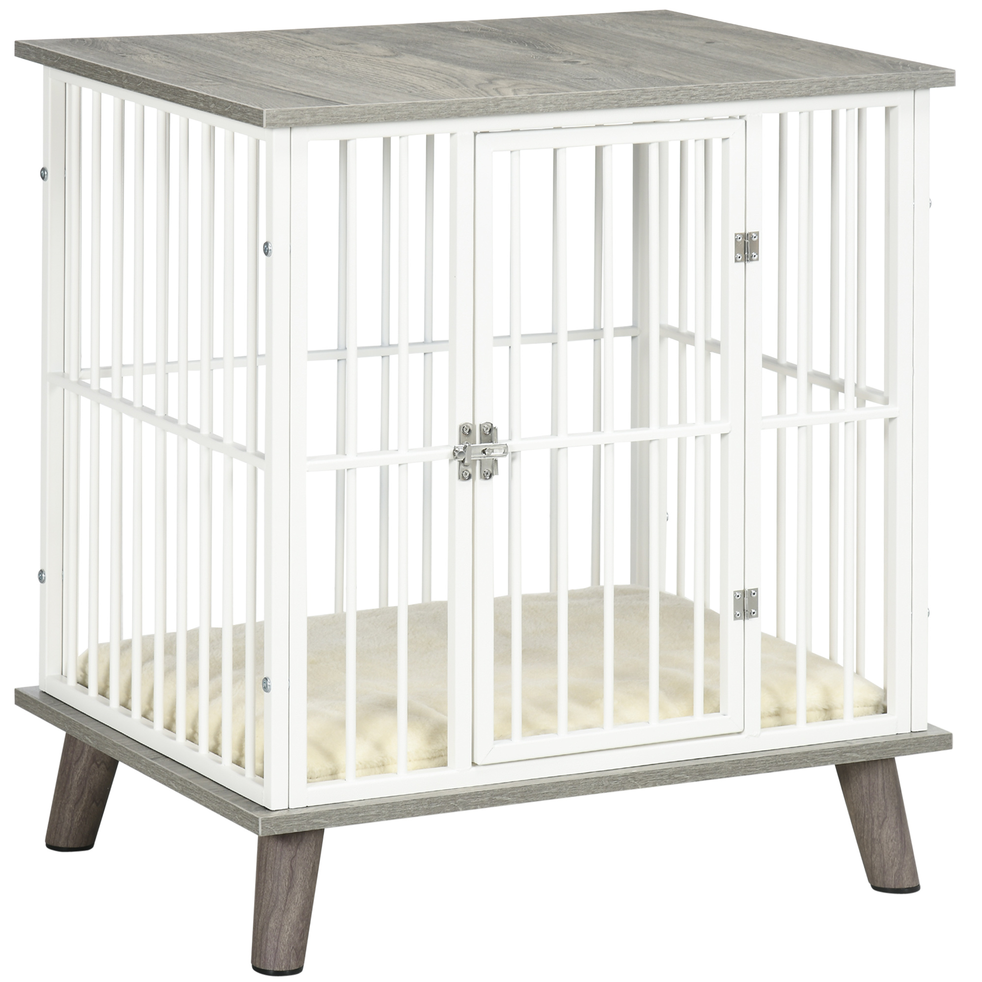 Dog Crate Furniture, Indoor Pet Kennel Cage, Top End Table w/ Soft Cushion, Lockable Door, for Small Dogs, 64.5 x 48 x 70.5 cm - Grey - Life 
