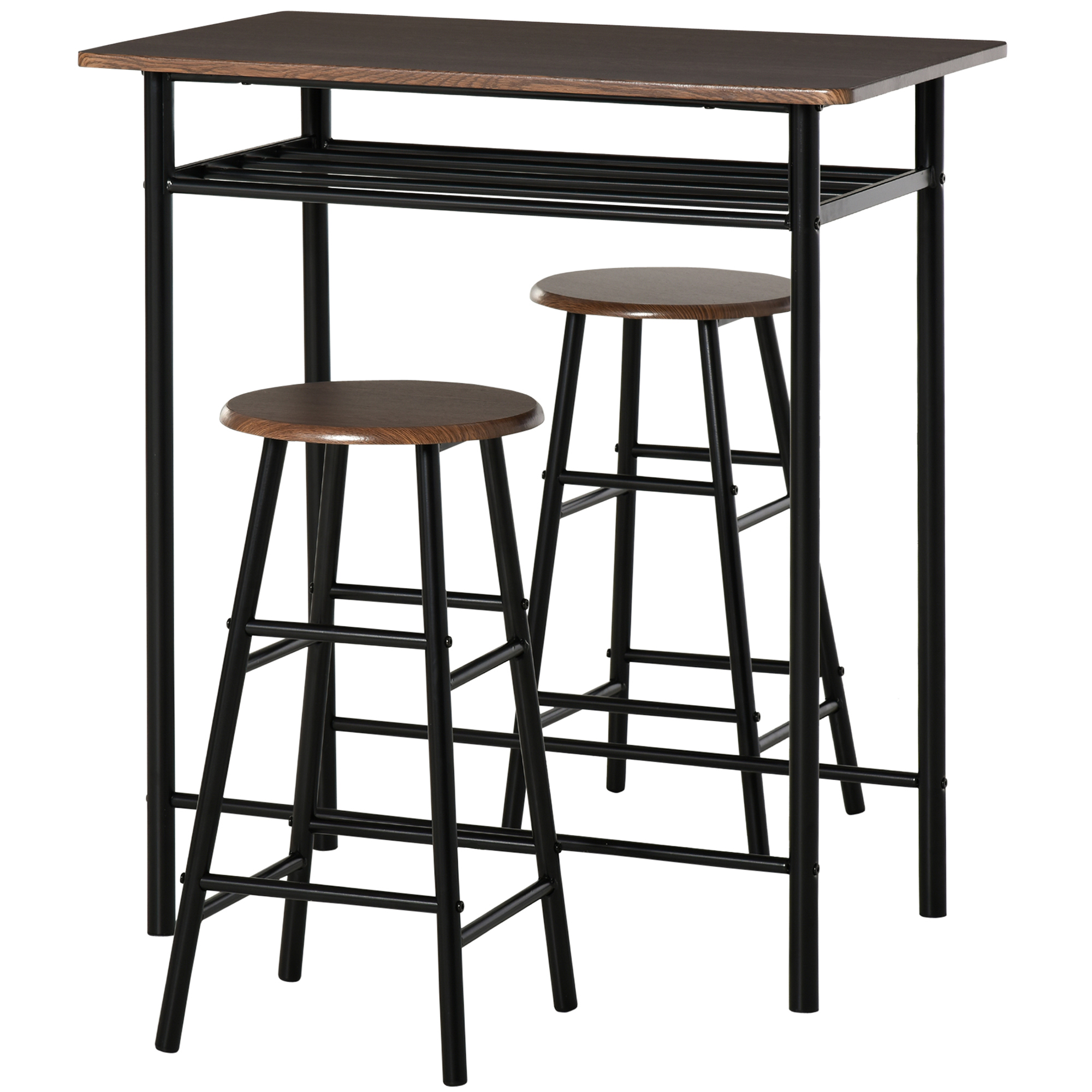 Bar Table Set, Bar Set-1 Bar Table and 2 Stools with Metal Frame Footrest and Storage Shelf, for Kitchen, Dining Room, Pub, Cafe, Black and Oak - Life